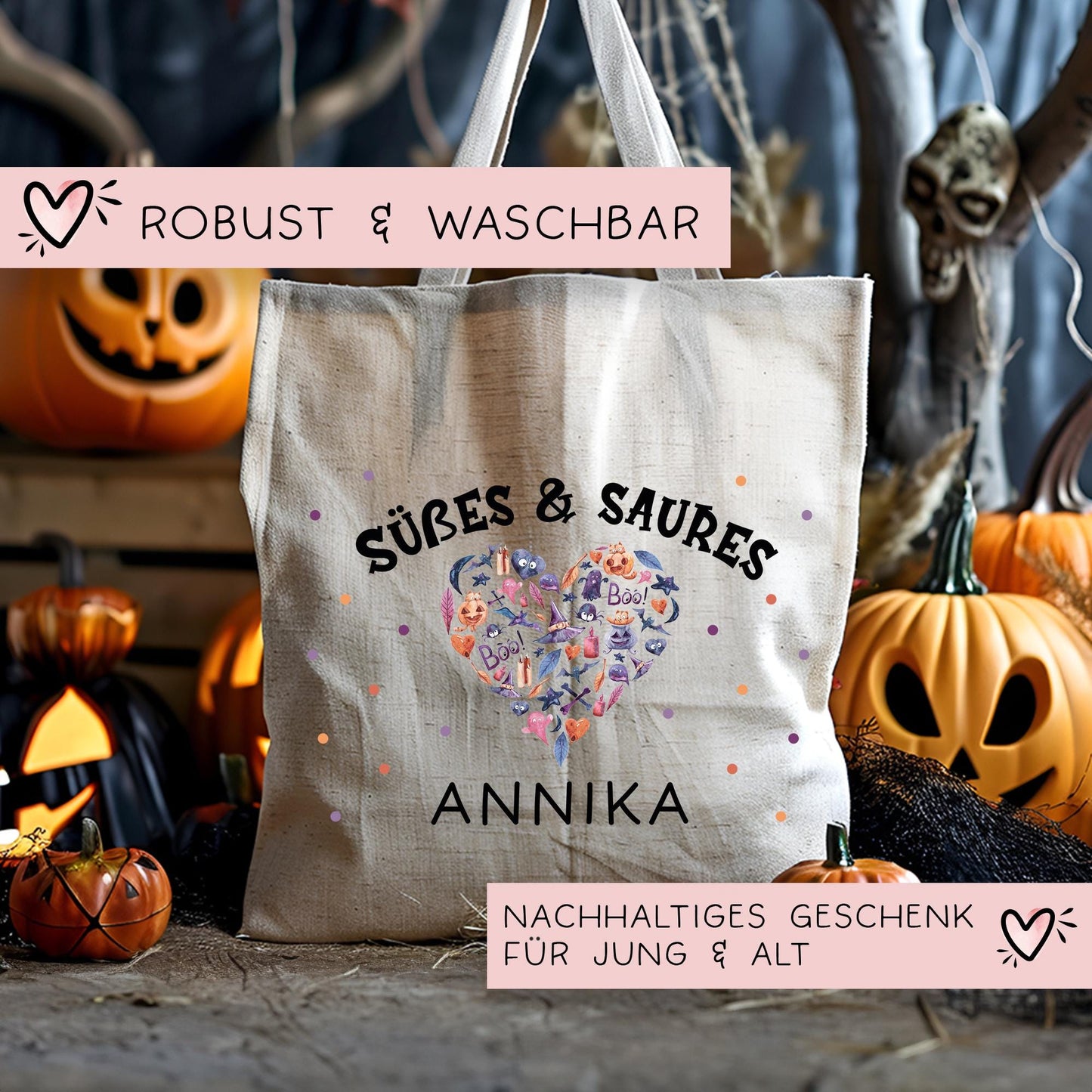 Halloween Stofftasche Personalisiert - Süßes oder Saures - Jutebeutel - Jutetasche - Tragetasche für Kinder für Süßigkeiten - Tasche Beutel kleinebuchstaben