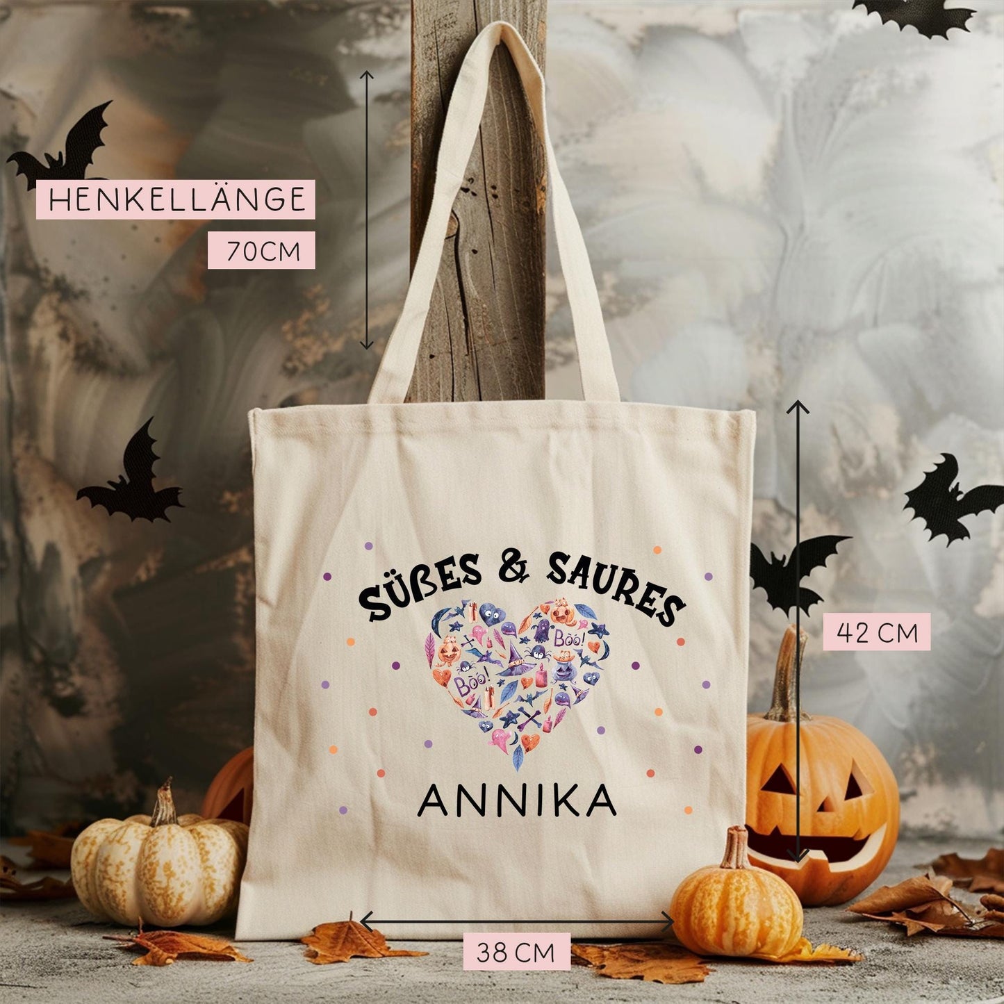 Halloween Stofftasche Personalisiert - Süßes oder Saures - Jutebeutel - Jutetasche - Tragetasche für Kinder für Süßigkeiten - Tasche Beutel kleinebuchstaben