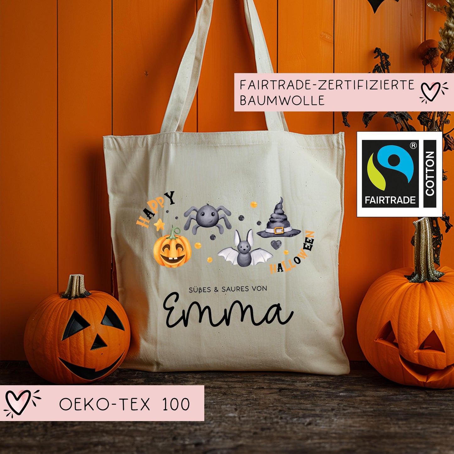 Halloween Stofftasche Personalisiert - Süßes oder Saures - Jutebeutel - Jutetasche - Tragetasche für Kinder für Süßigkeiten - Tasche Beutel kleinebuchstaben