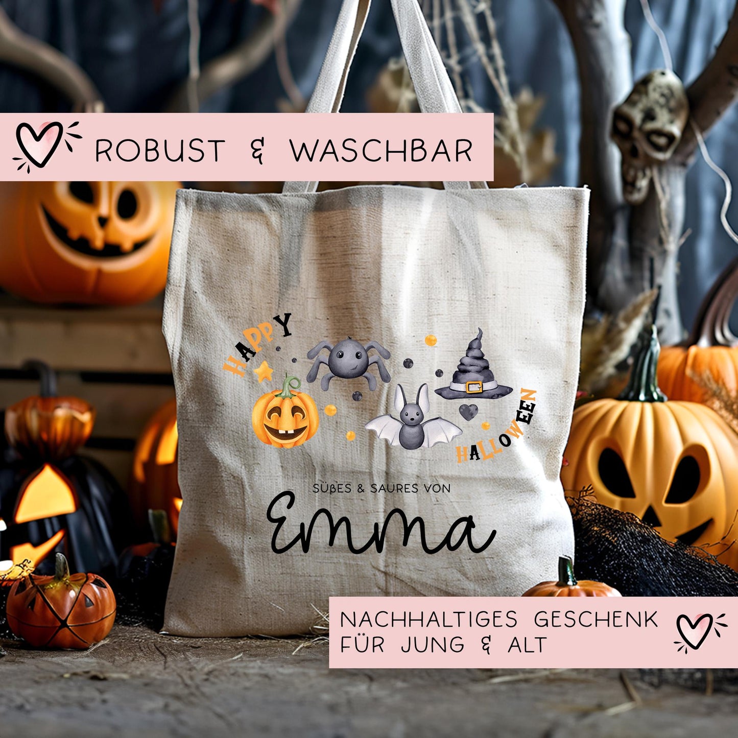 Halloween Stofftasche Personalisiert - Süßes oder Saures - Jutebeutel - Jutetasche - Tragetasche für Kinder für Süßigkeiten - Tasche Beutel kleinebuchstaben