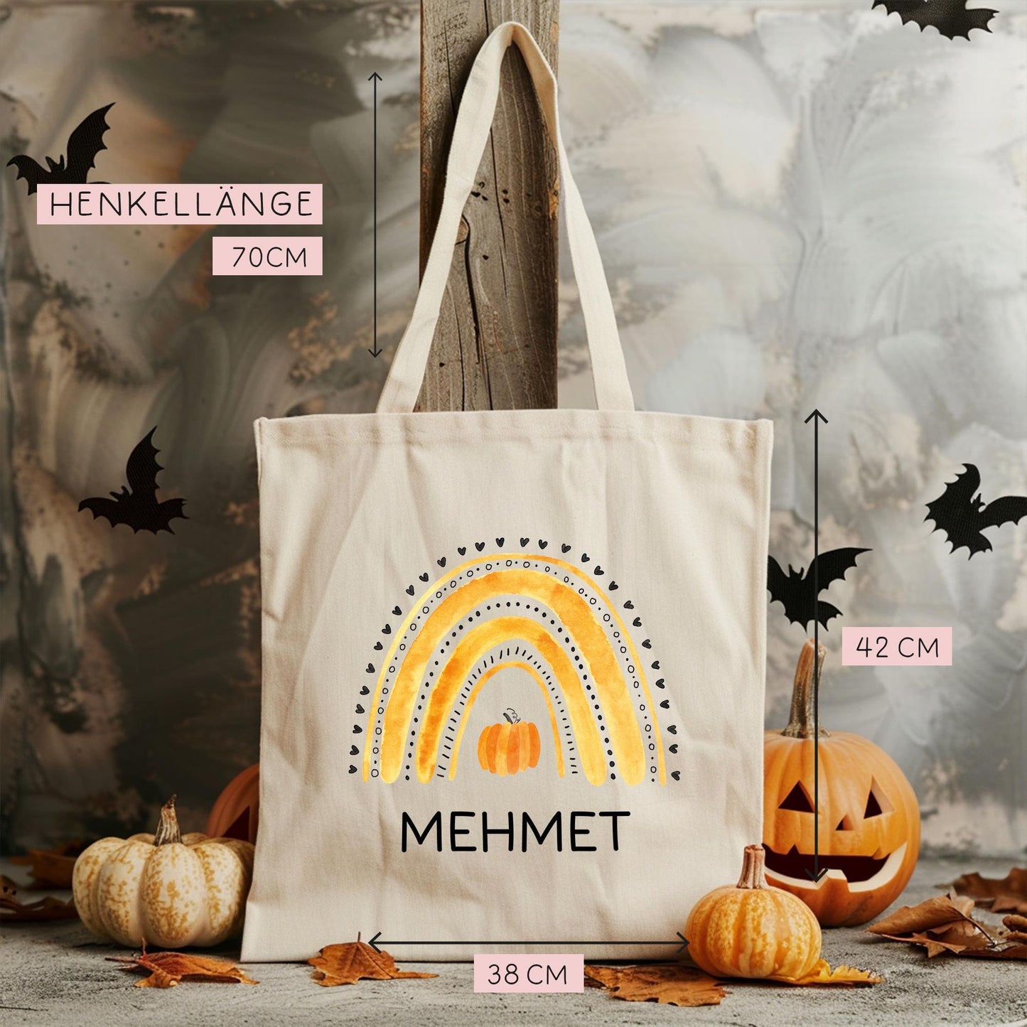 Halloween Jutetasche Personalisiert - Regenbogen Gelb Kürbis - Stofftasche - Jutebeutel - Tragetasche für Kinder für Süßigkeiten - Mädchen kleinebuchstaben