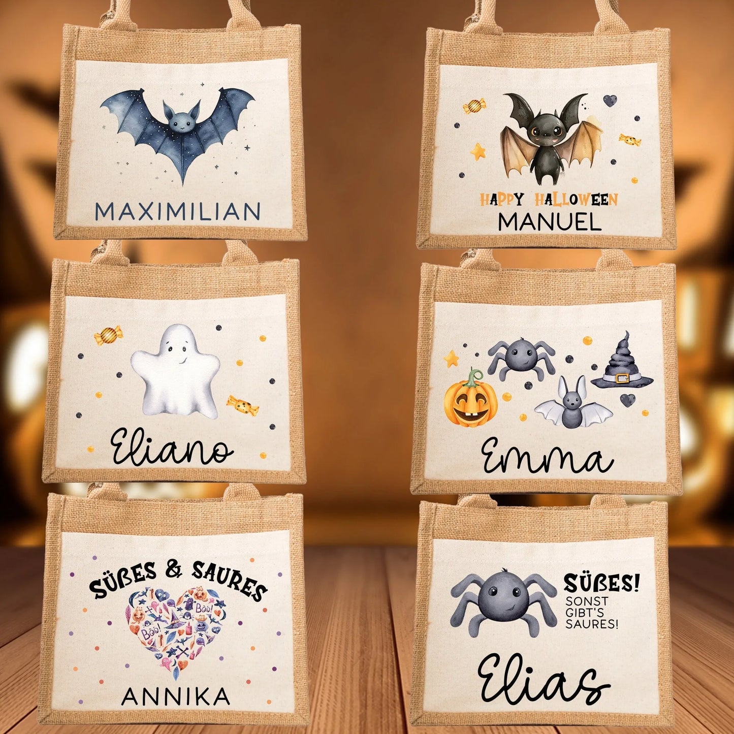 Halloween Bag Rainbow Wish Name made of Jute - Pink Red Green Yellow - Trick or Treat - Personalized - For children from 2 years Pocket kleinebuchstaben