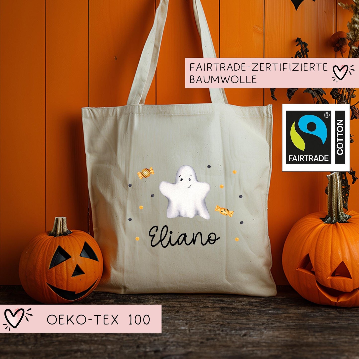 Halloween Jutetasche Personalisiert - Geist - Stofftasche - Jutebeutel - Tragetasche für Kinder für Süßigkeiten - Mädchen und Junge - Tasche kleinebuchstaben