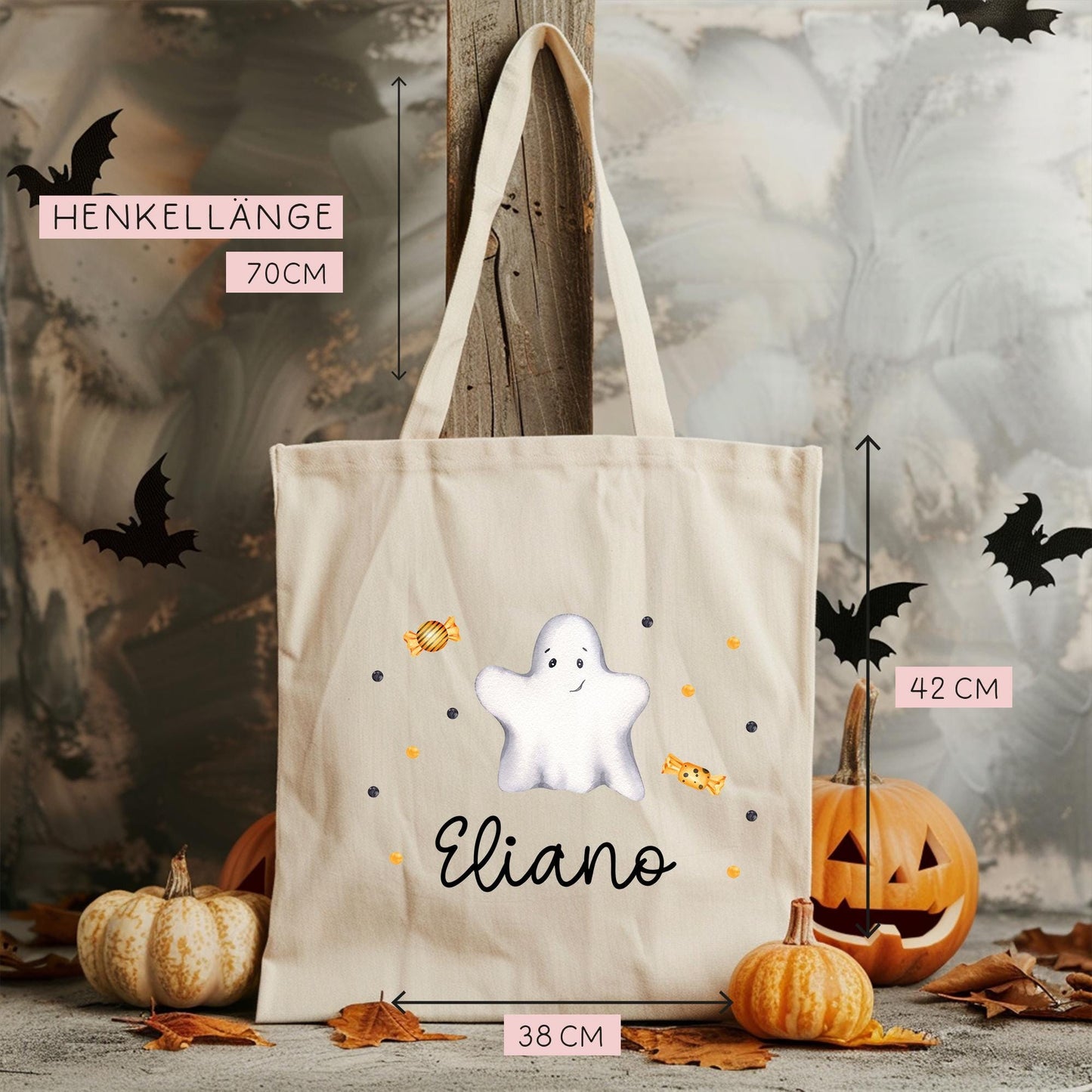 Halloween Jutetasche Personalisiert - Geist - Stofftasche - Jutebeutel - Tragetasche für Kinder für Süßigkeiten - Mädchen und Junge - Tasche kleinebuchstaben