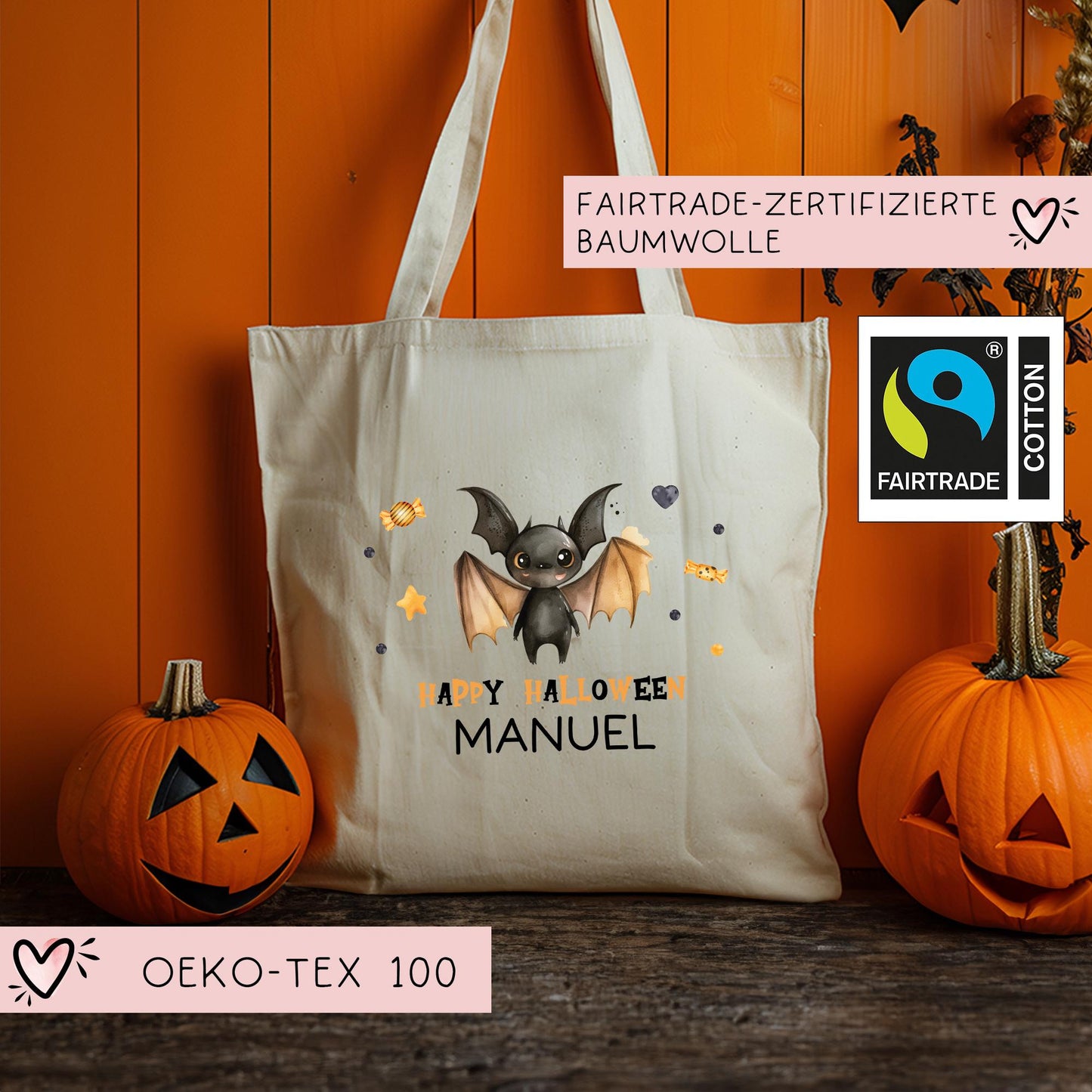 Halloween Jutetasche Personalisiert - Fledermaus - Süßigkeitentasche - Stofftasche - Jutebeutel - Tragetasche für Kinder für Süßigkeiten kleinebuchstaben