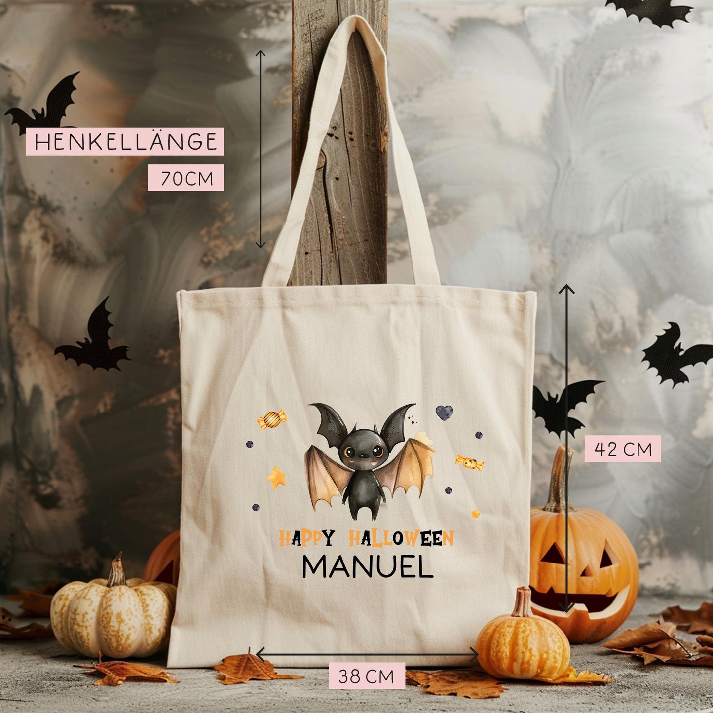 Halloween Jutetasche Personalisiert - Fledermaus - Süßigkeitentasche - Stofftasche - Jutebeutel - Tragetasche für Kinder für Süßigkeiten kleinebuchstaben