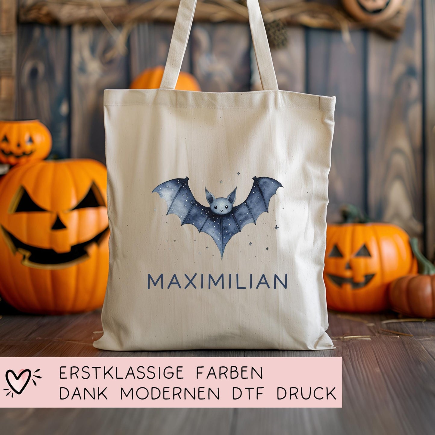 Fledermaus Halloween Stofftasche Personalisiert - Süßigkeitentasche - Jutetasche - Jutebeutel - Tragetasche Kinder für Süßigkeiten Beutel kleinebuchstaben