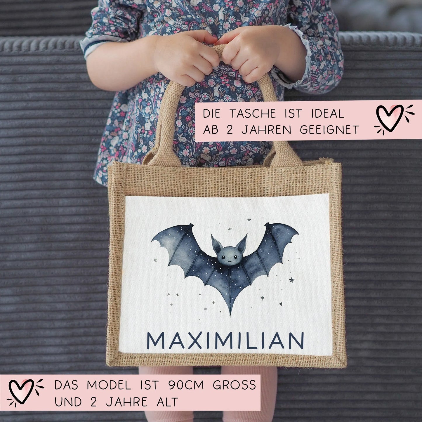 Personalisierte Halloween Tasche | Beutel mit Fledermaus und Name| Candy Bag mit Namen | Tragetasche für Kinder für Süßigkeiten an Halloween kleinebuchstaben
