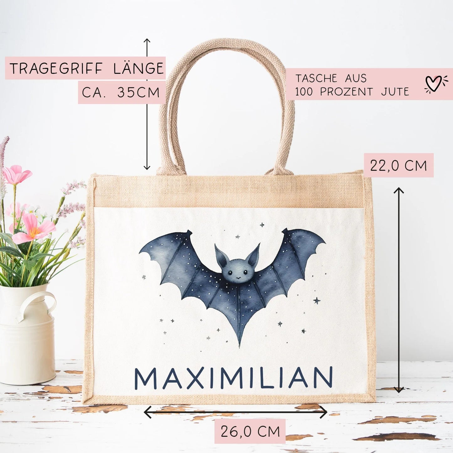 Personalisierte Halloween Tasche | Beutel mit Fledermaus und Name| Candy Bag mit Namen | Tragetasche für Kinder für Süßigkeiten an Halloween kleinebuchstaben