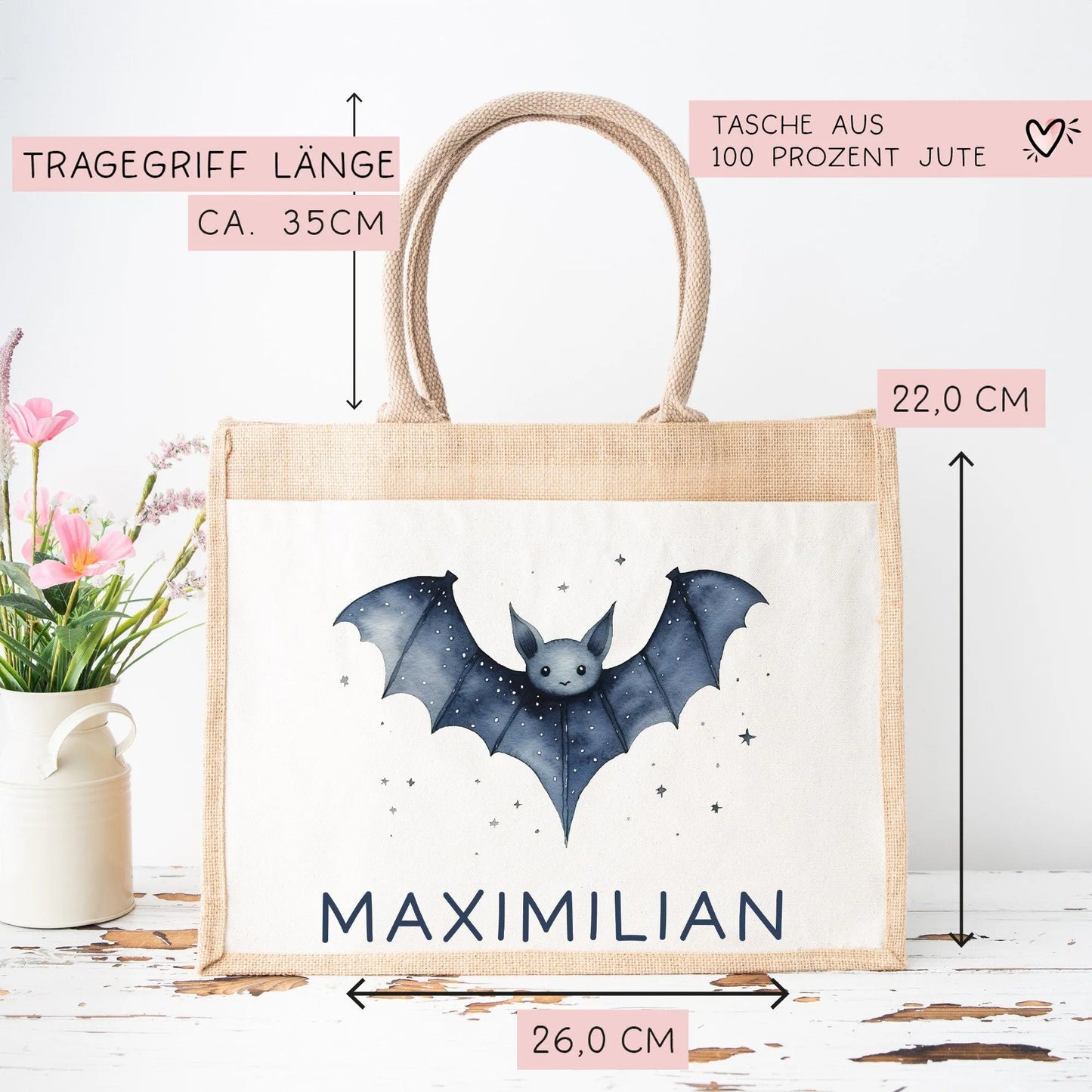 Personalisierte Halloween Tasche | Beutel mit Fledermaus und Name| Candy Bag mit Namen | Tragetasche für Kinder für Süßigkeiten an Halloween kleinebuchstaben