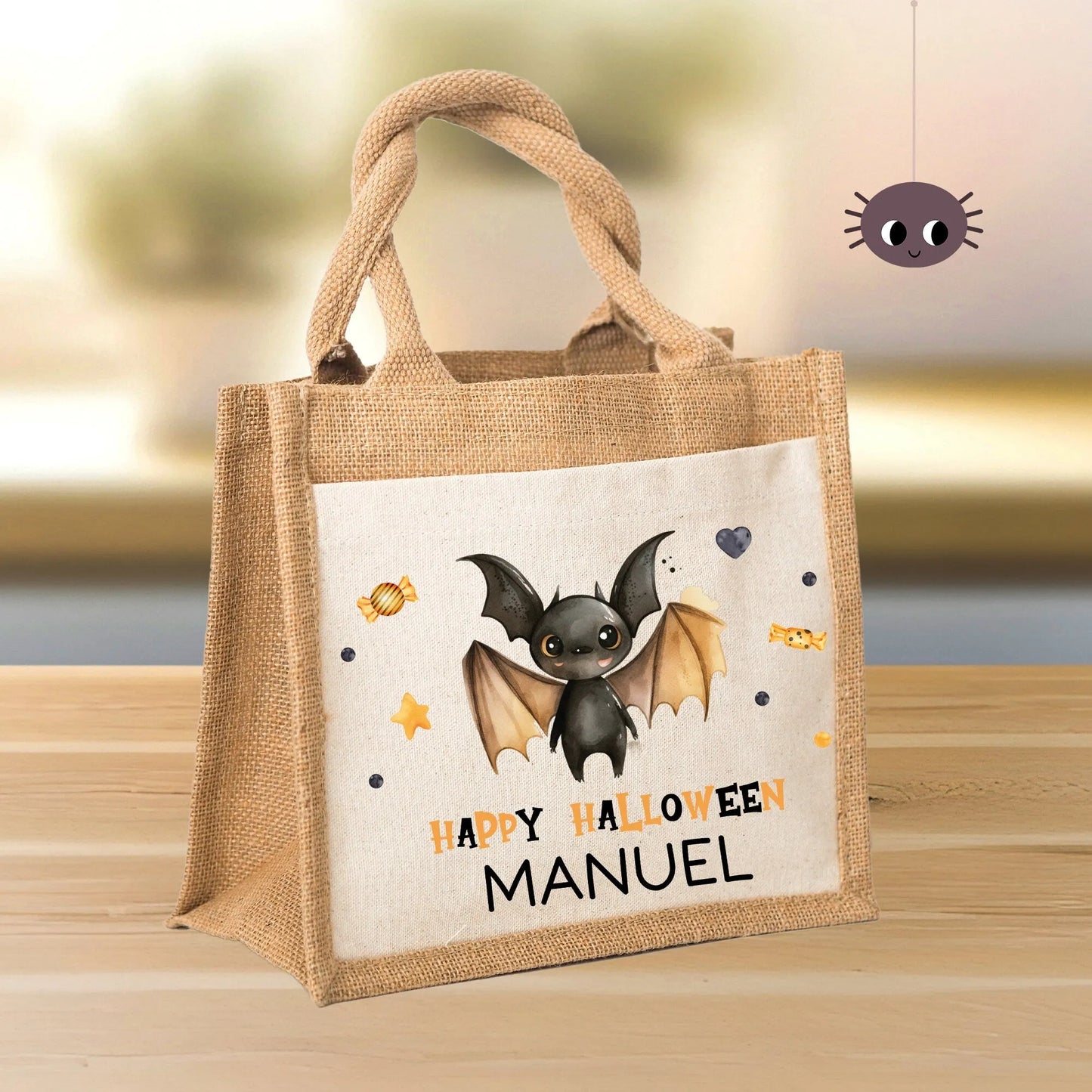 Halloween Tasche mit Wunschname | Beutel mit Fledermaus und Name | Happy Halloween | Tragetasche für Kinder für Süßigkeiten an Halloween kleinebuchstaben