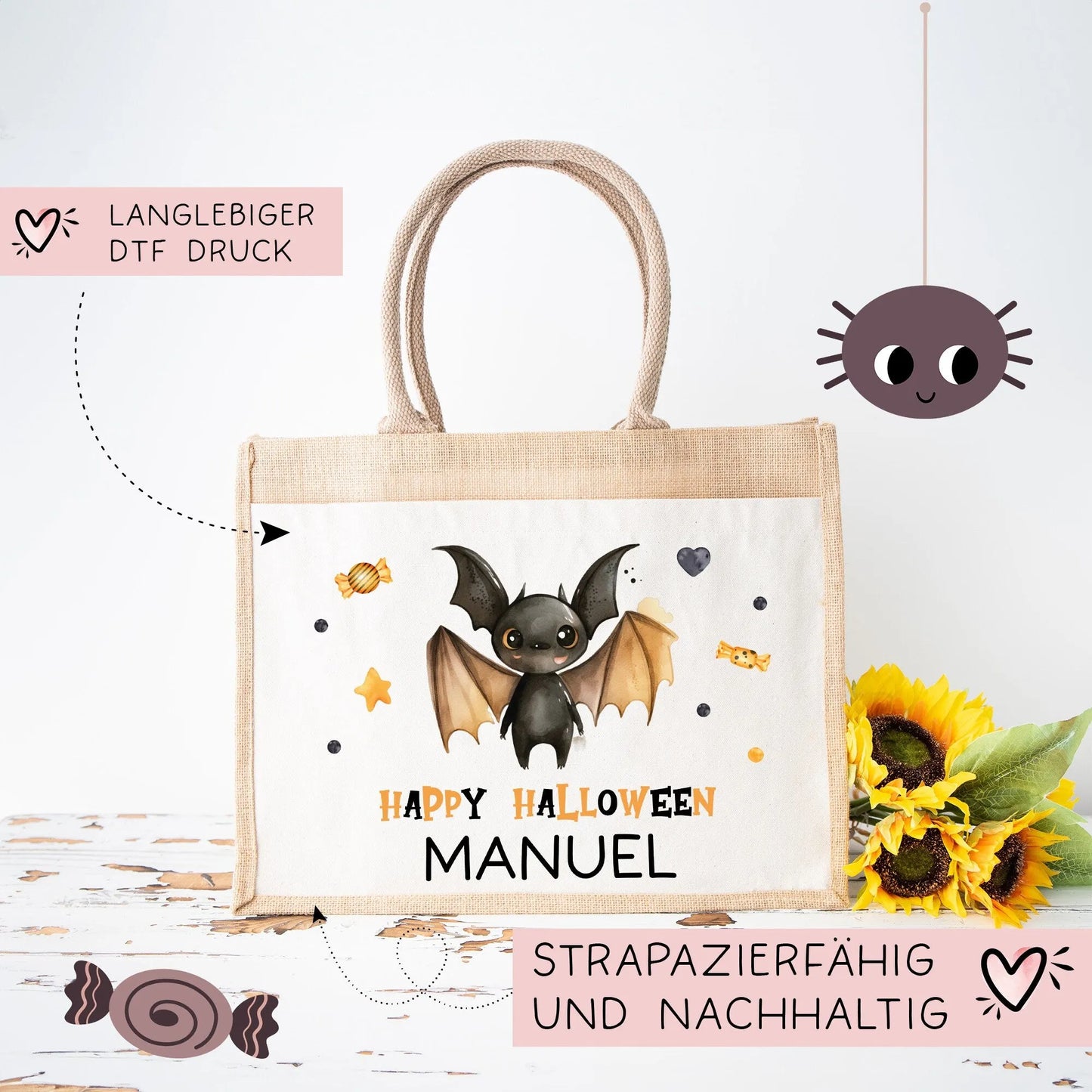 Halloween Tasche mit Wunschname | Beutel mit Fledermaus und Name | Happy Halloween | Tragetasche für Kinder für Süßigkeiten an Halloween kleinebuchstaben