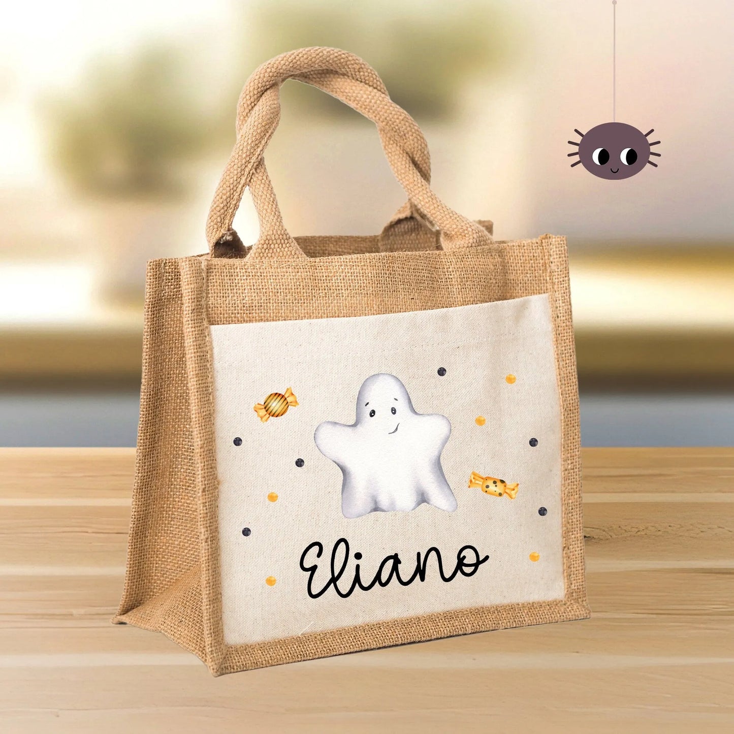 Halloween Stoff Tasche mit Namen | Beutel mit Geist und Bonbons | Candy Bag mit Namen | Tragetasche für Kinder für Süßigkeiten an Halloween kleinebuchstaben