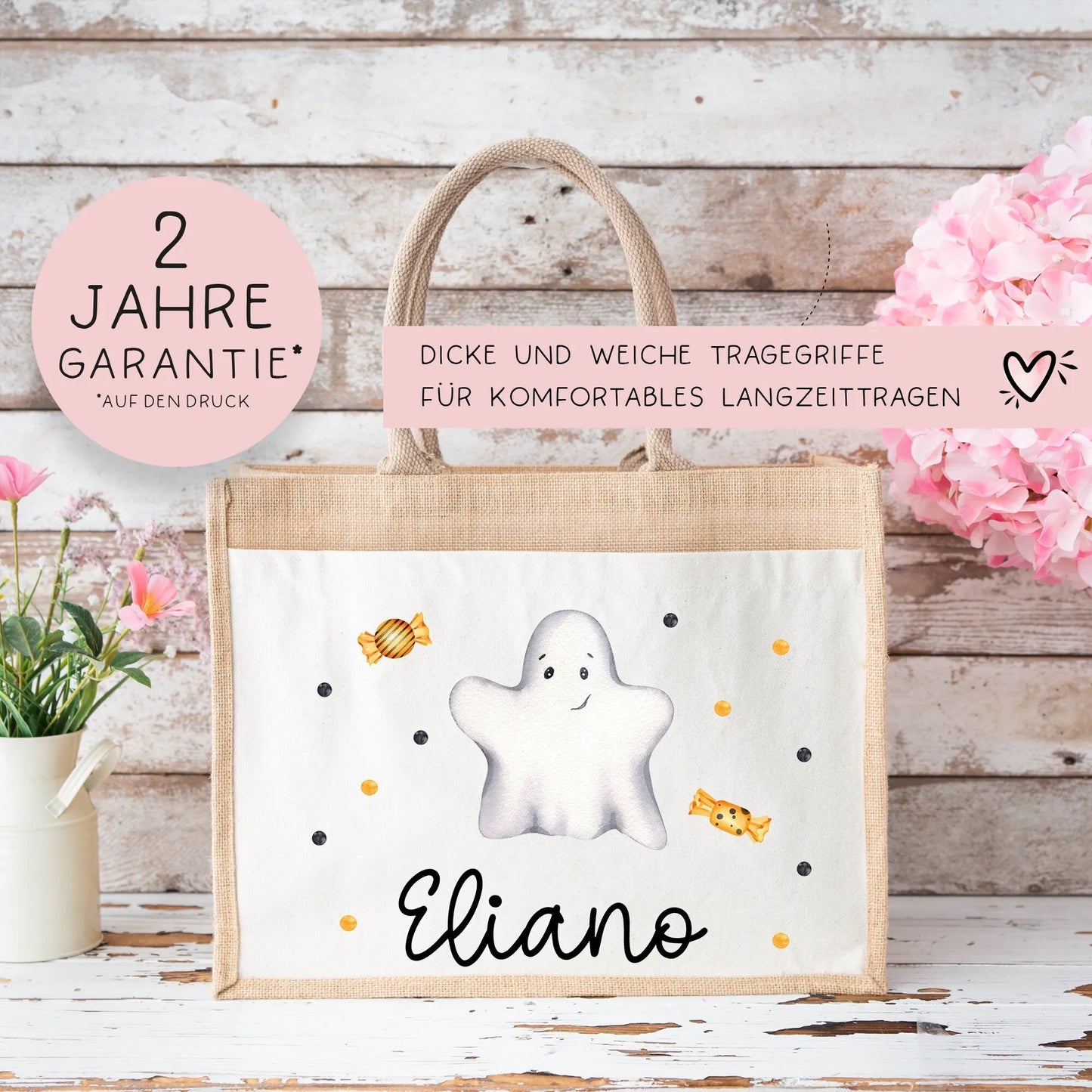 Halloween Stoff Tasche mit Namen | Beutel mit Geist und Bonbons | Candy Bag mit Namen | Tragetasche für Kinder für Süßigkeiten an Halloween kleinebuchstaben