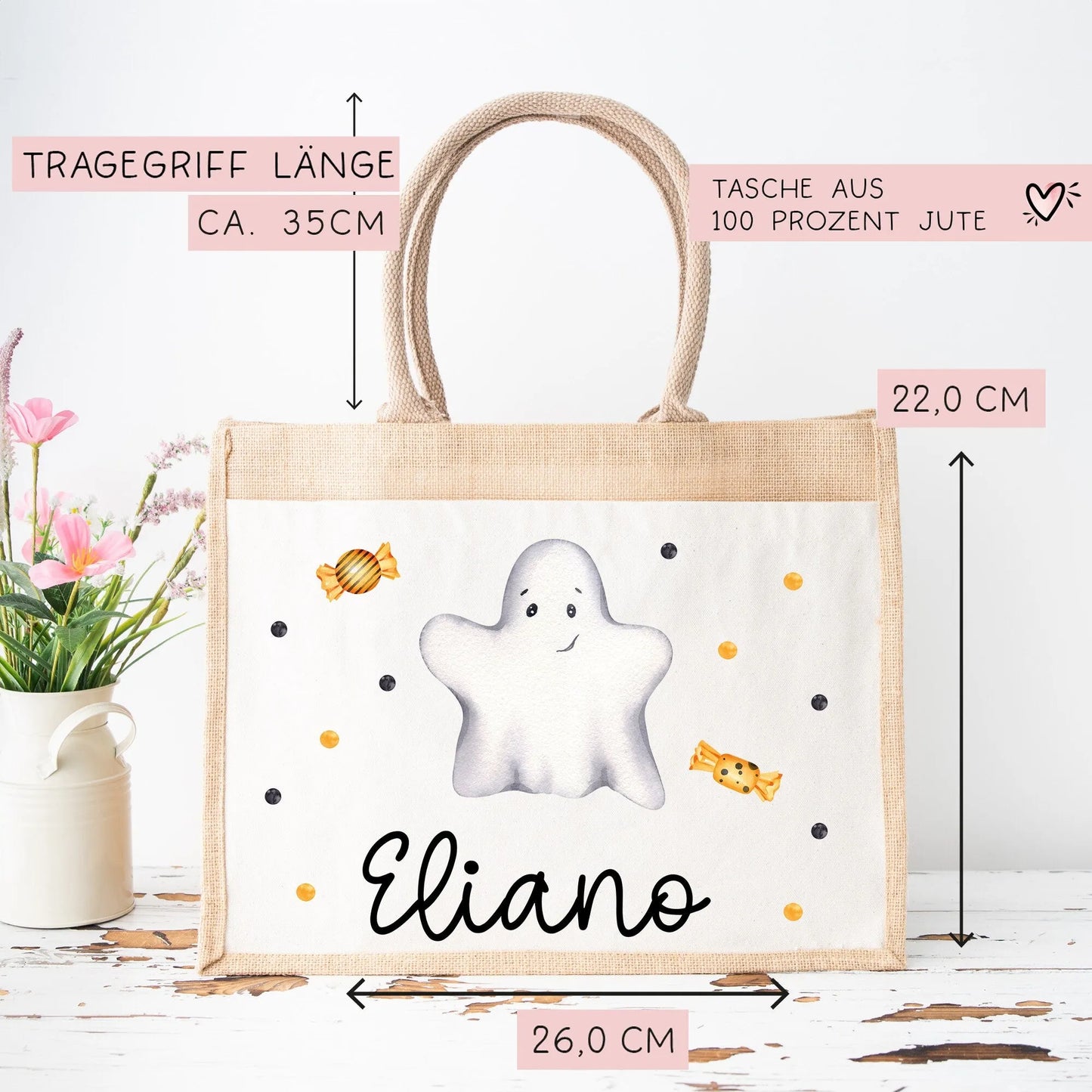 Halloween Stoff Tasche mit Namen | Beutel mit Geist und Bonbons | Candy Bag mit Namen | Tragetasche für Kinder für Süßigkeiten an Halloween kleinebuchstaben