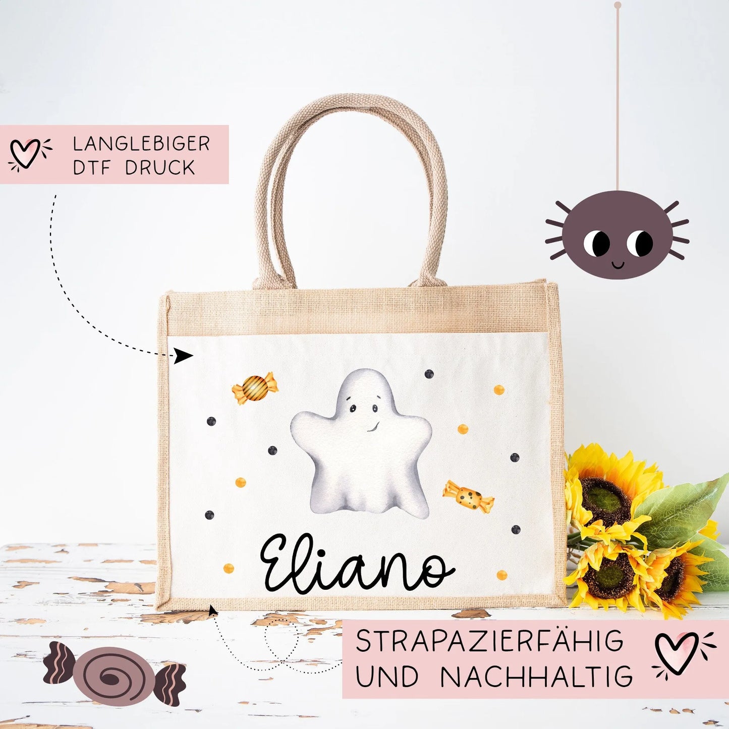 Halloween Stoff Tasche mit Namen | Beutel mit Geist und Bonbons | Candy Bag mit Namen | Tragetasche für Kinder für Süßigkeiten an Halloween kleinebuchstaben