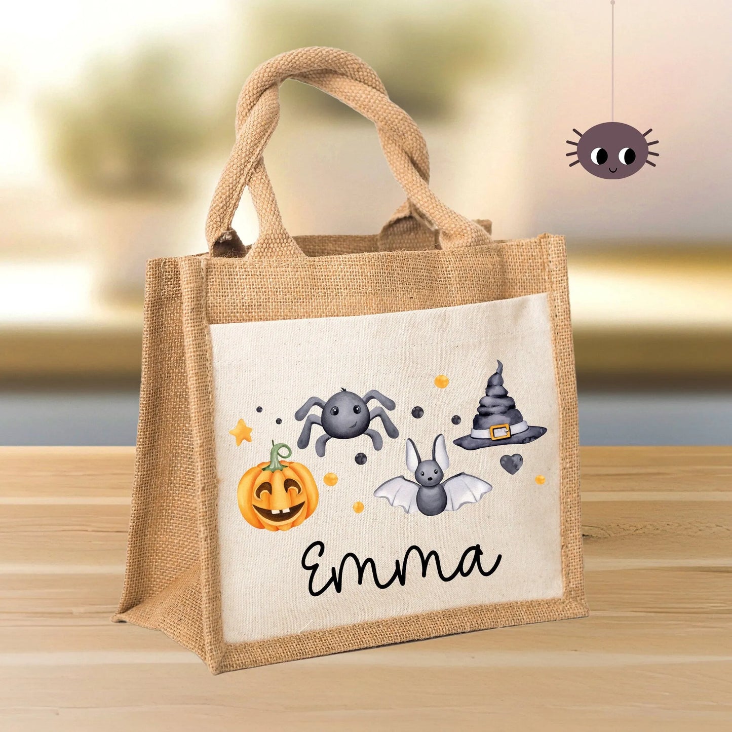 Halloween Stoff Tasche mit Namen | Beutel mit Geist, Kürbis, Spinne & Hut | Candy Bag mit Namen | Tragetasche für Kinder für Süßigkeiten kleinebuchstaben