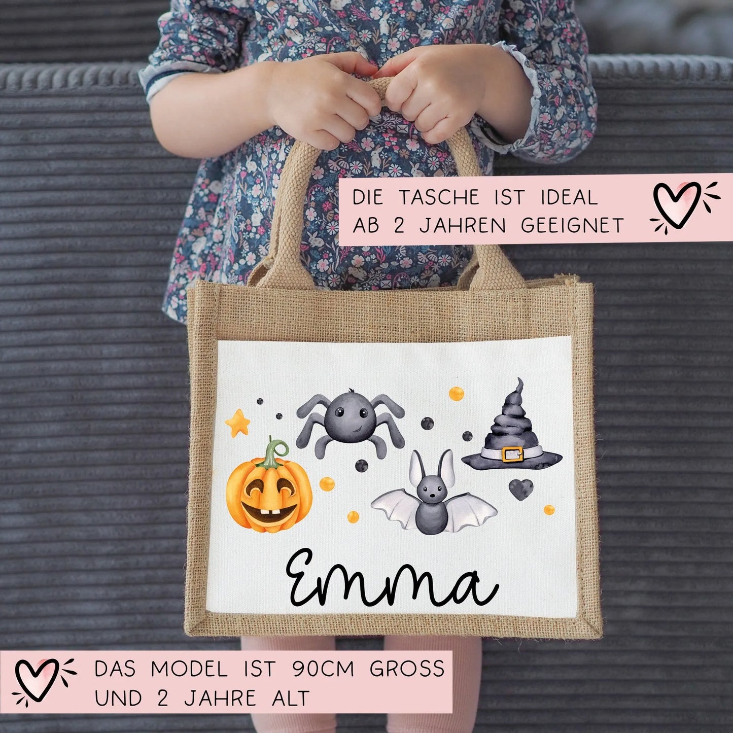 Halloween Stoff Tasche mit Namen | Beutel mit Geist, Kürbis, Spinne & Hut | Candy Bag mit Namen | Tragetasche für Kinder für Süßigkeiten kleinebuchstaben