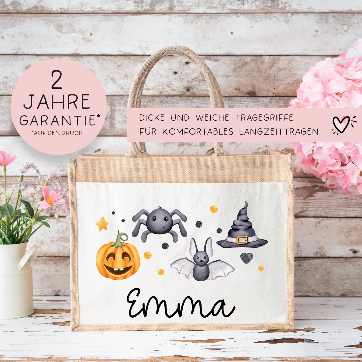 Halloween Stoff Tasche mit Namen | Beutel mit Geist, Kürbis, Spinne & Hut | Candy Bag mit Namen | Tragetasche für Kinder für Süßigkeiten kleinebuchstaben