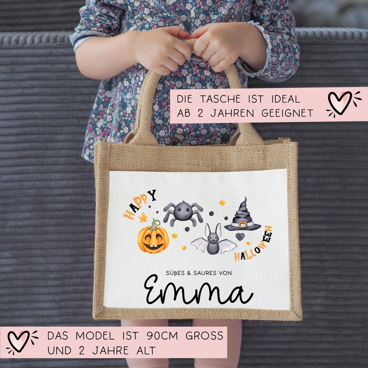 Halloween Tasche mit Namen | Süßes oder Saures | Wunschnamen | Candy Bag aus Jute | Tragetasche für Kinder für Süßigkeiten | Kürbis Spinne kleinebuchstaben