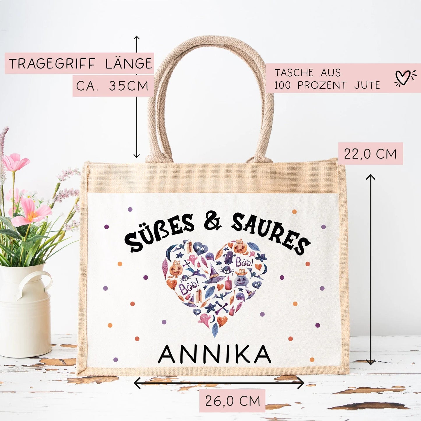 Halloween Stofftasche mit Namen | Süßes oder Saures | Wunschnamen | Candy Bag Jute | Tragetasche für Kinder für Süßigkeiten | Pocket Tasche kleinebuchstaben