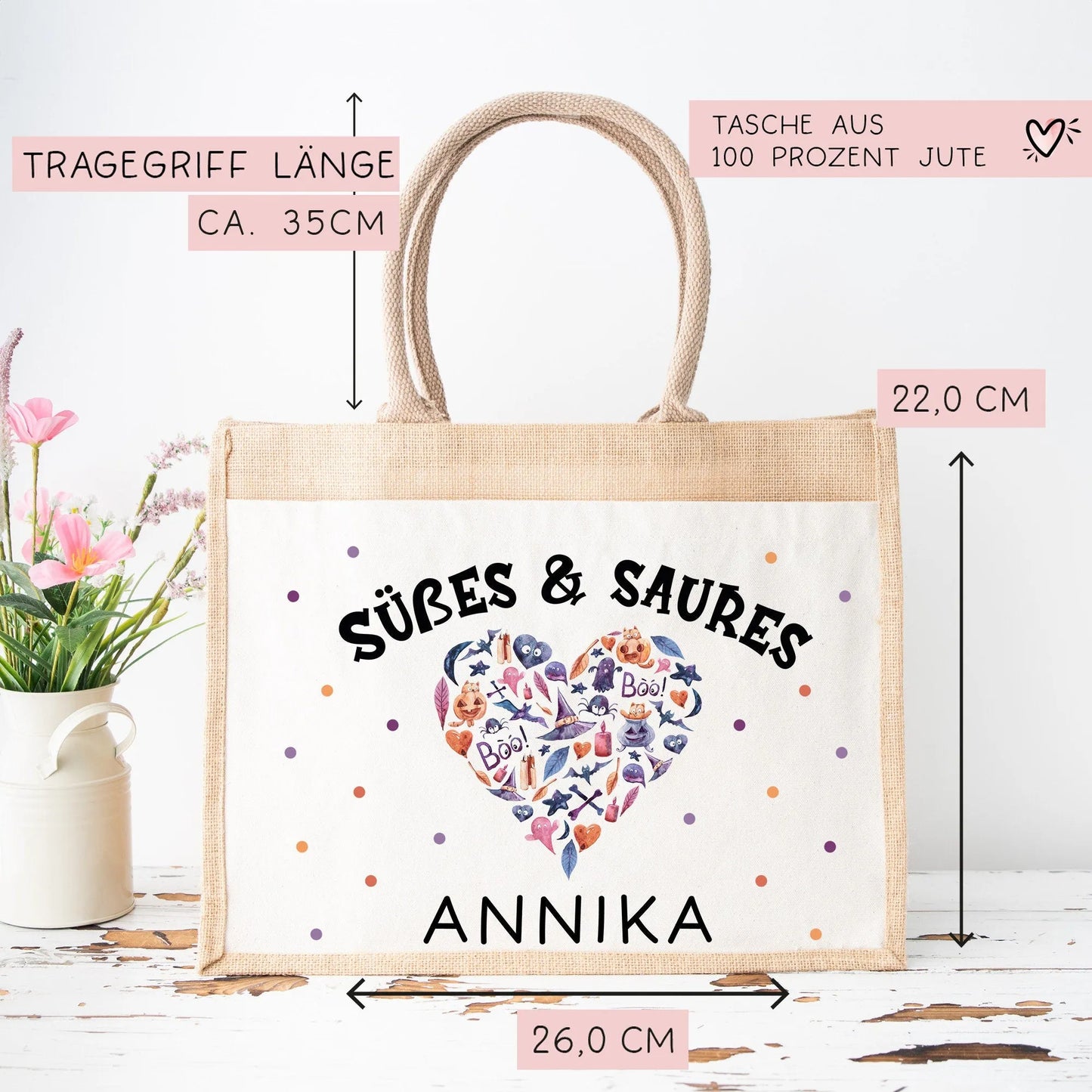 Halloween Stofftasche mit Namen | Süßes oder Saures | Wunschnamen | Candy Bag Jute | Tragetasche für Kinder für Süßigkeiten | Pocket Tasche kleinebuchstaben