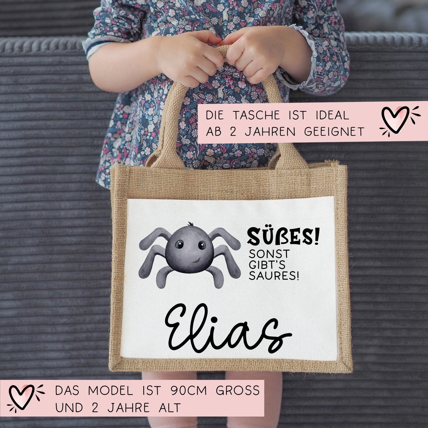 Stofftasche Halloween mit Namen | Pocket Tasche | Wunschnamen | Süßes oder Saures | Jute | Tragetasche für Kinder für Süßigkeiten | Spinne kleinebuchstaben