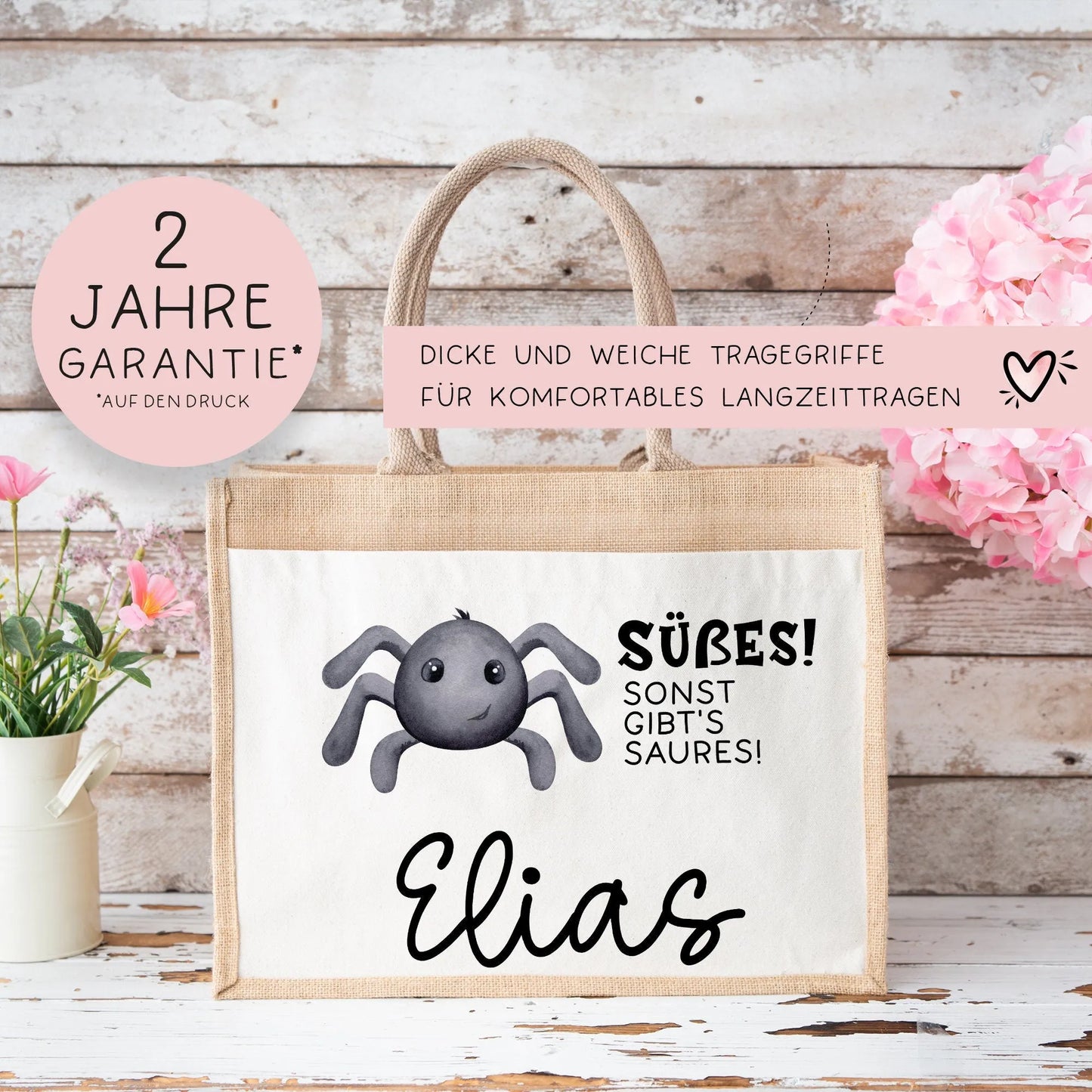 Stofftasche Halloween mit Namen | Pocket Tasche | Wunschnamen | Süßes oder Saures | Jute | Tragetasche für Kinder für Süßigkeiten | Spinne kleinebuchstaben