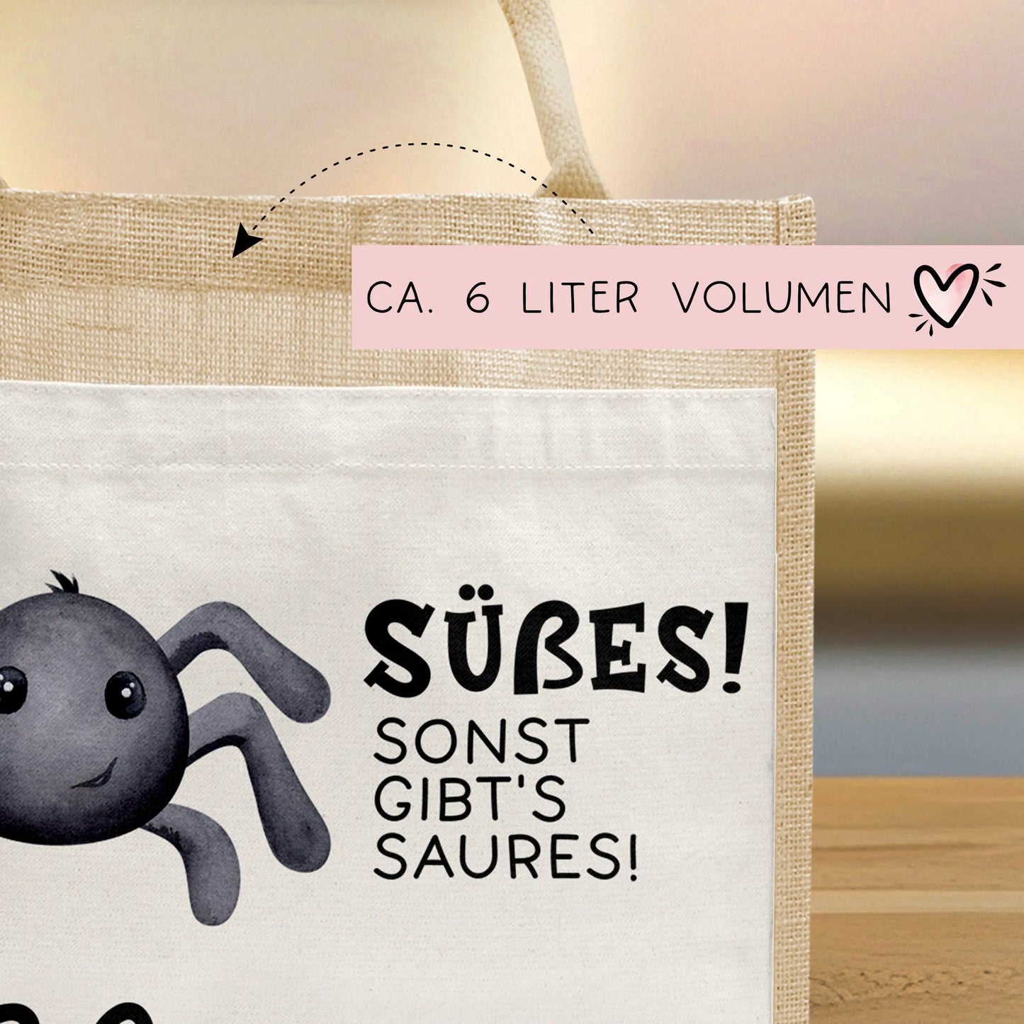 Stofftasche Halloween mit Namen | Pocket Tasche | Wunschnamen | Süßes oder Saures | Jute | Tragetasche für Kinder für Süßigkeiten | Spinne kleinebuchstaben