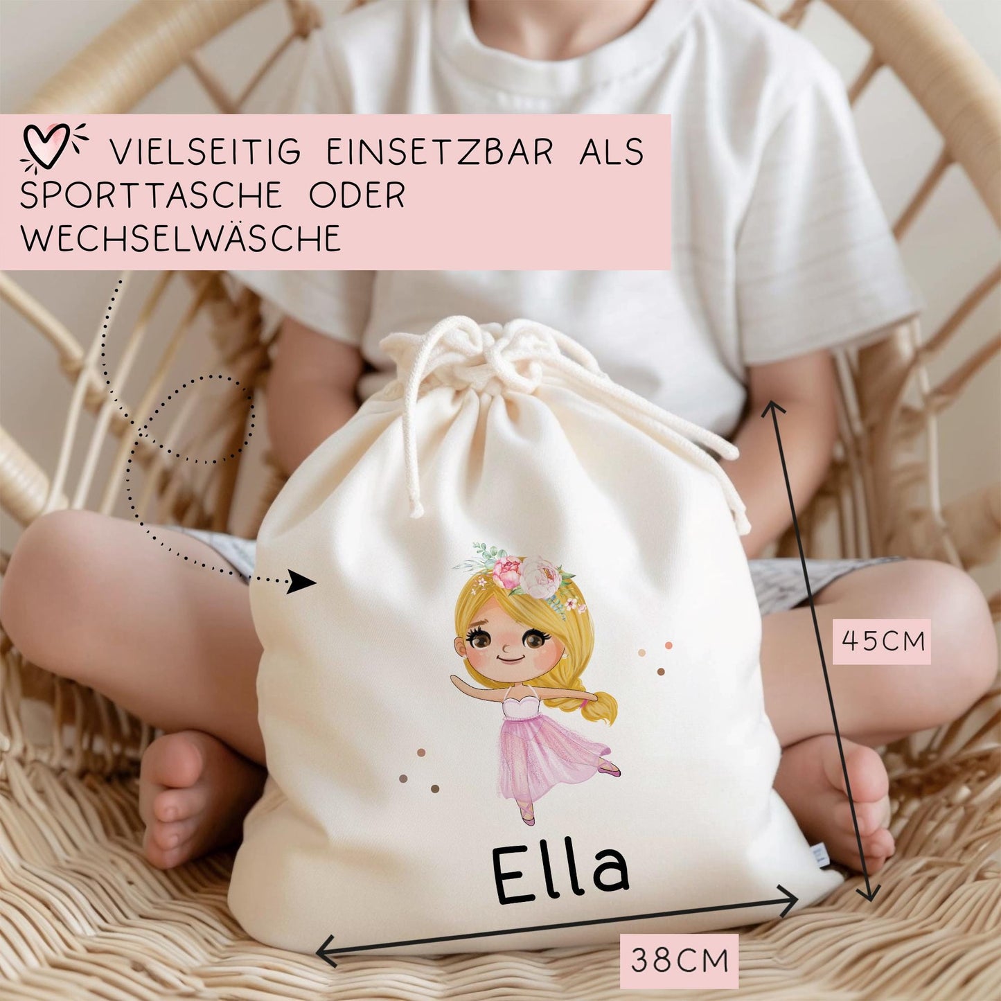 Turnbeutel Ballerina Tanzend mit Namen personalisiert Personalisierte Tasche als Sportbeutel, Kindergarten, Wäschebeutel Mädchen Blond Braun kleinebuchstaben