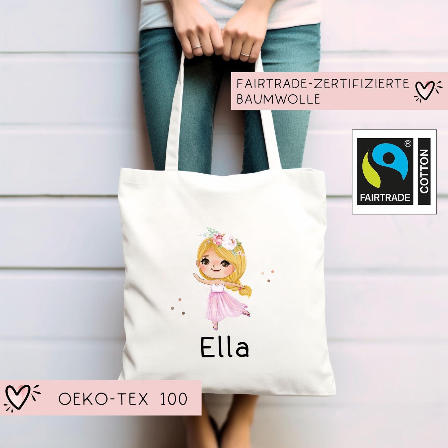 Stofftasche Ballerina Personalisiert Tasche & Name - Kinder Beutel Kindertasche mit Wunschname - Wechselwäsche - Wechselkleidung - Sport kleinebuchstaben
