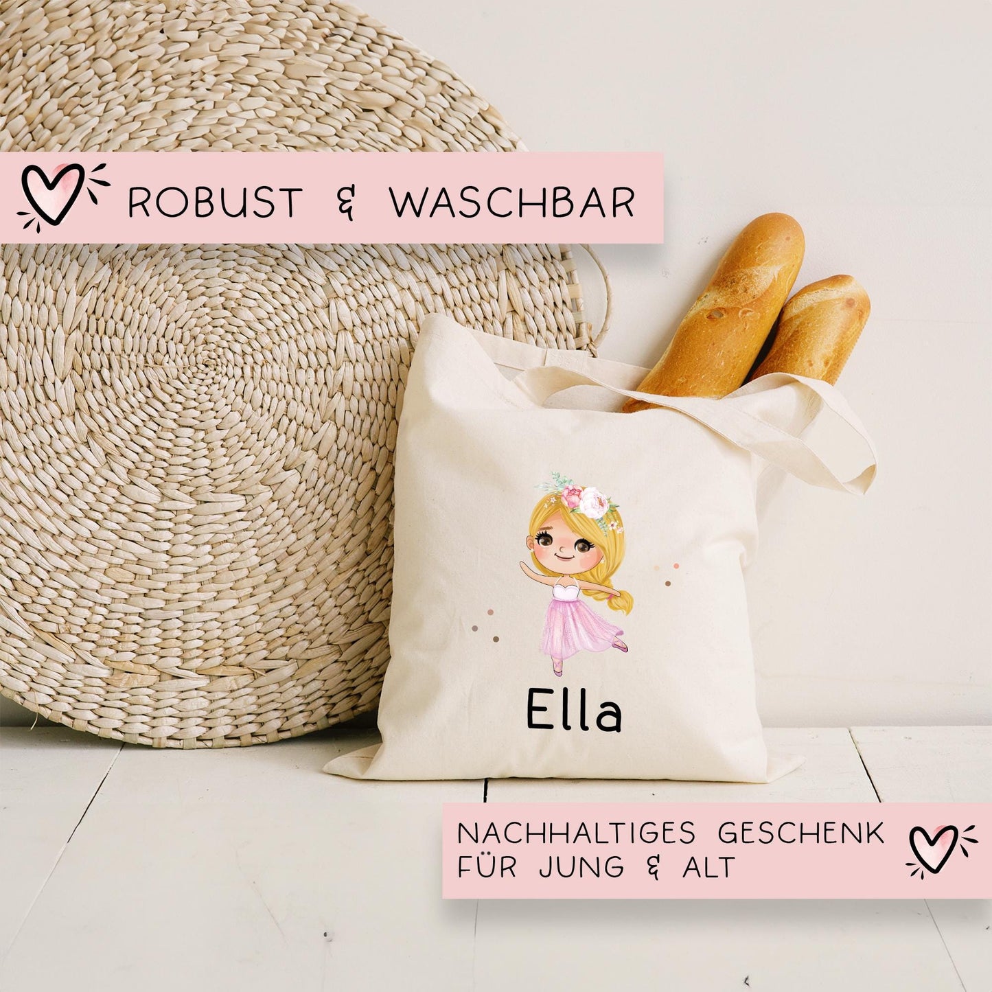 Stofftasche Ballerina Personalisiert Tasche & Name - Kinder Beutel Kindertasche mit Wunschname - Wechselwäsche - Wechselkleidung - Sport kleinebuchstaben