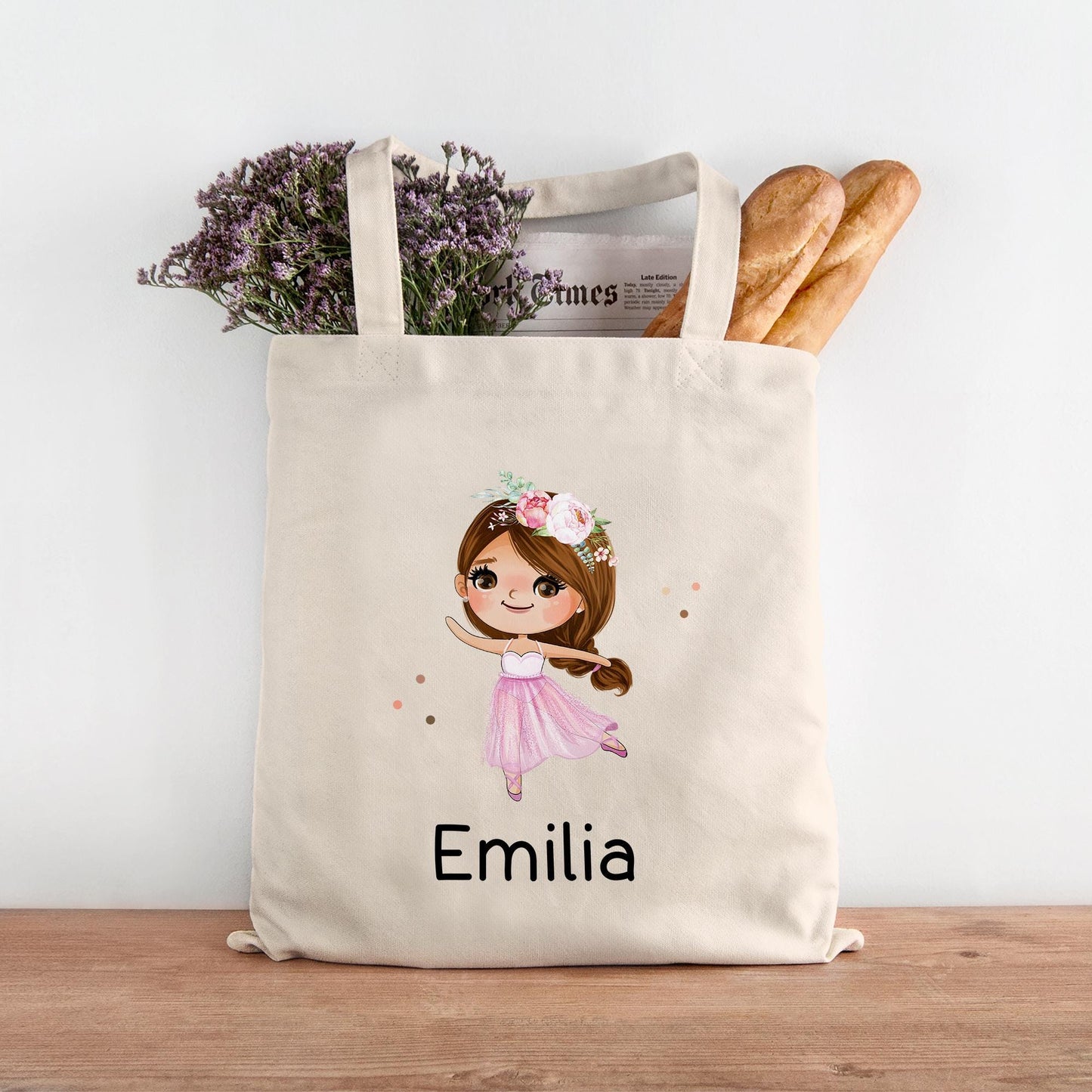 Stofftasche Ballerina Personalisiert Tasche & Name - Kinder Beutel Kindertasche mit Wunschname - Wechselwäsche - Wechselkleidung - Sport kleinebuchstaben Braun Schriftart 1