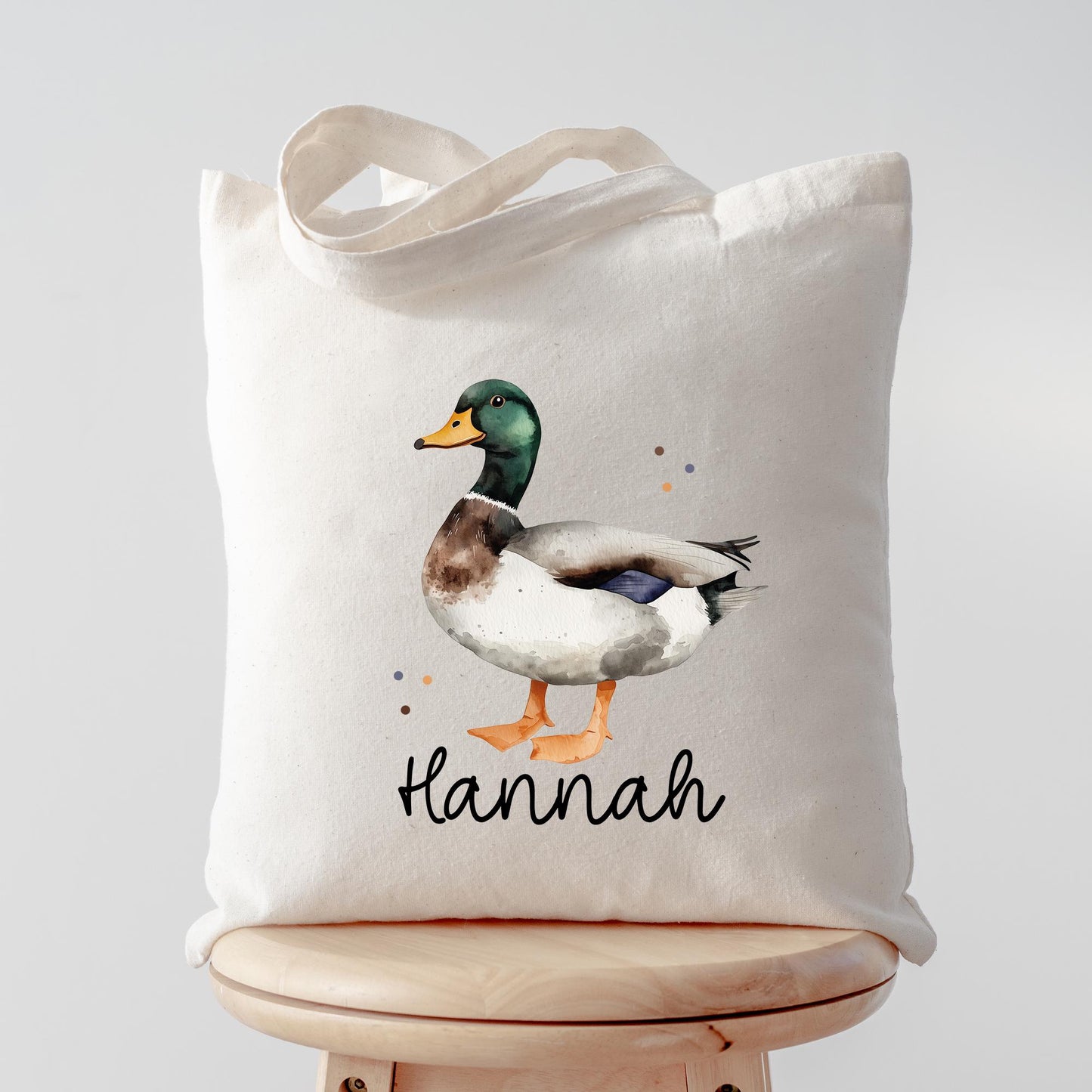 Ente Stofftasche Tasche Personalisiert & Name - Erpel Kinder Beutel Kindertasche mit Wunschname - Wechselwäsche - Kindergarten Schule -Sport kleinebuchstaben Stofftasche Schriftart 1