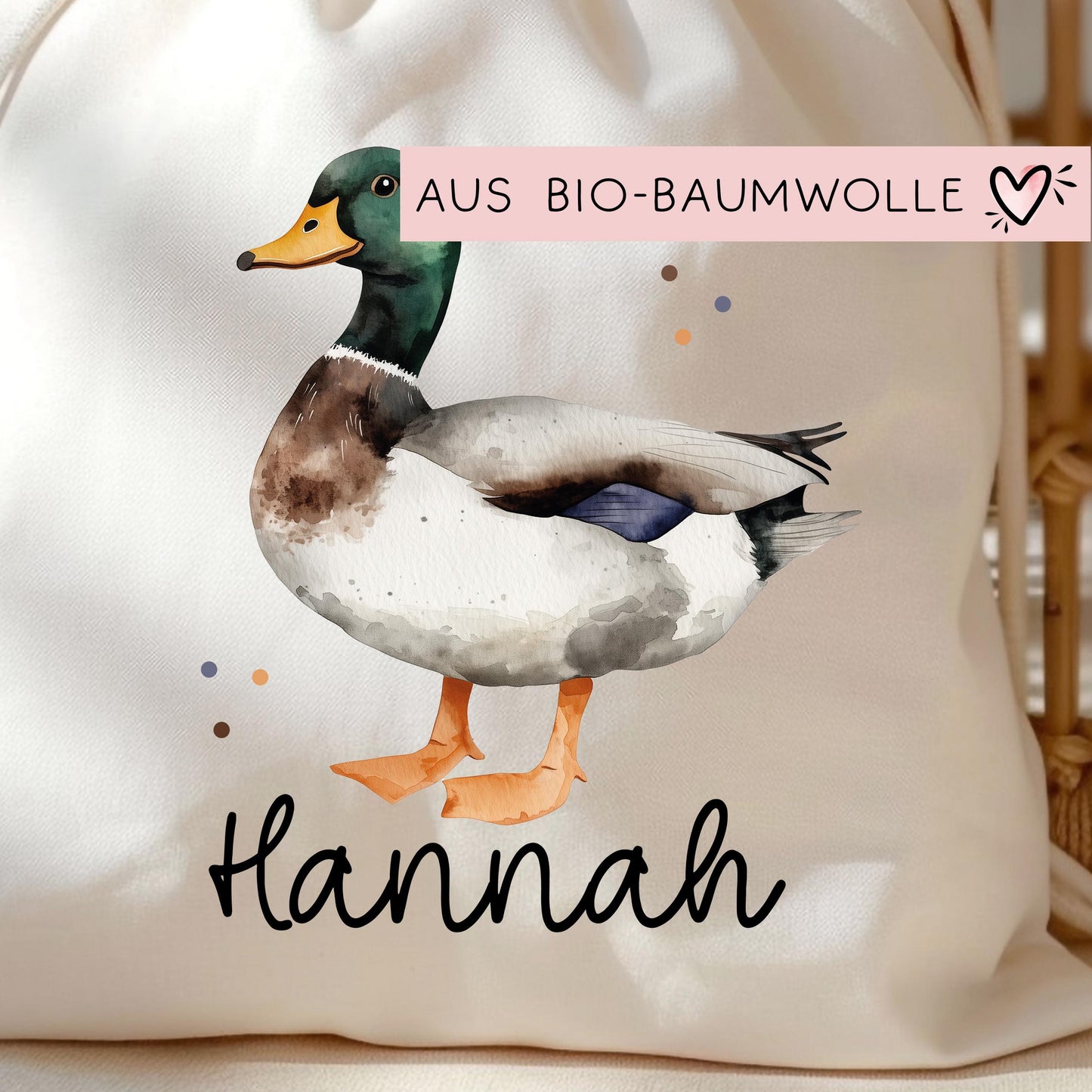 Ente Stofftasche Tasche Personalisiert & Name - Erpel Kinder Beutel Kindertasche mit Wunschname - Wechselwäsche - Kindergarten Schule -Sport kleinebuchstaben