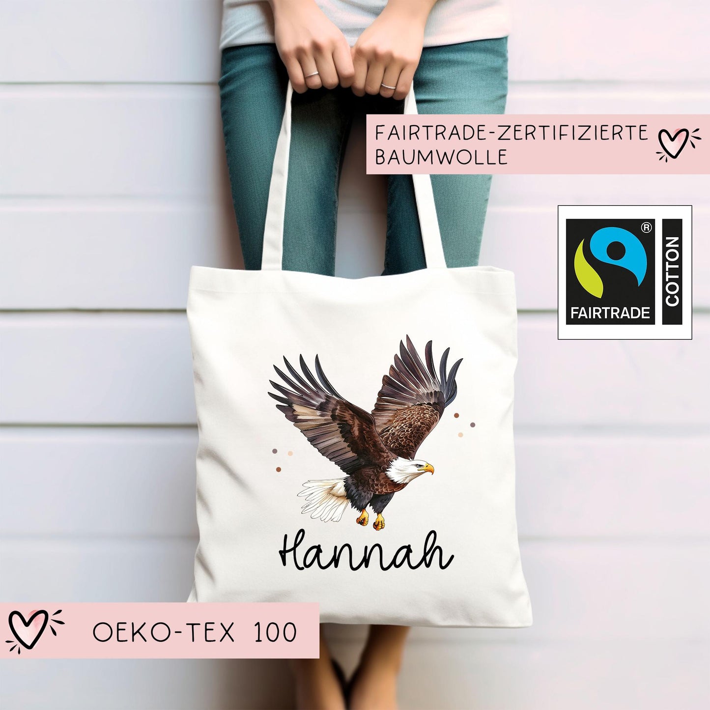 Adler Stofftasche Tasche Personalisiert & Name - Erpel Kinder Beutel Kindertasche mit Wunschname - Wechselwäsche - Kindergarten Schule kleinebuchstaben