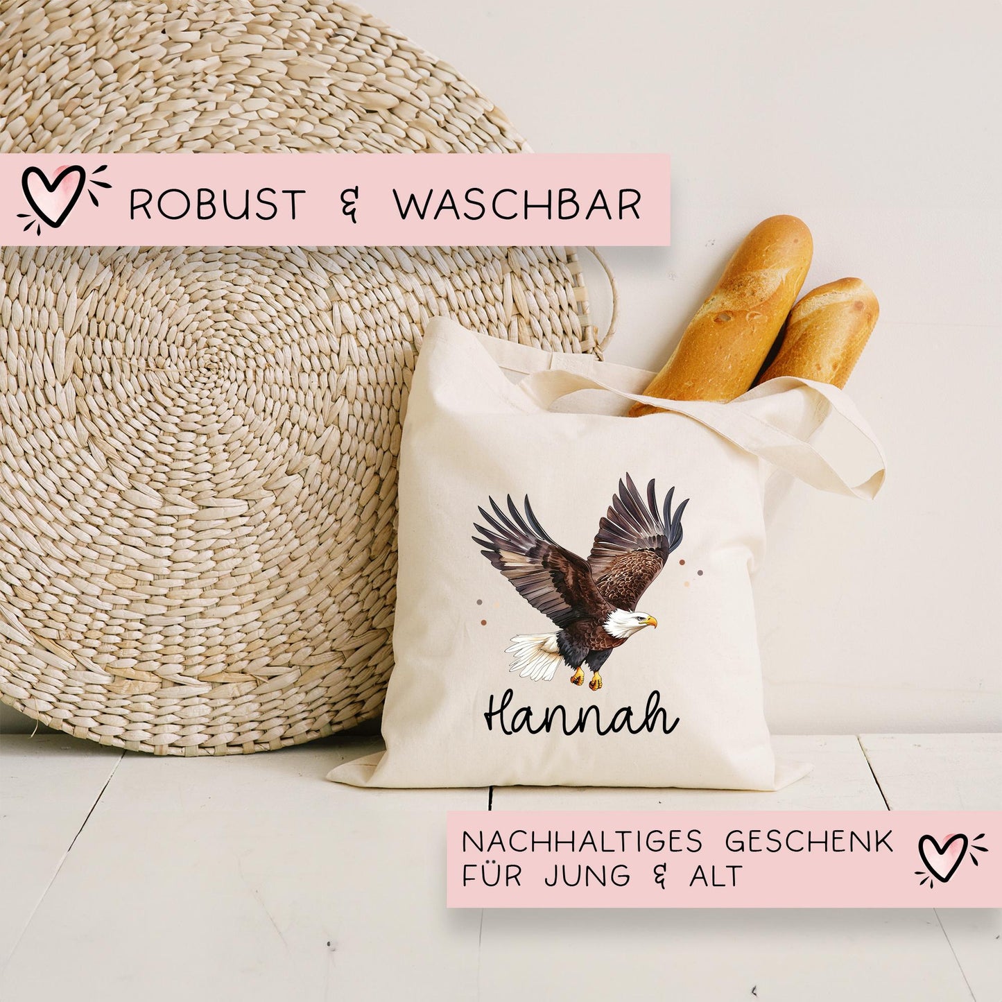 Adler Stofftasche Tasche Personalisiert & Name - Erpel Kinder Beutel Kindertasche mit Wunschname - Wechselwäsche - Kindergarten Schule kleinebuchstaben