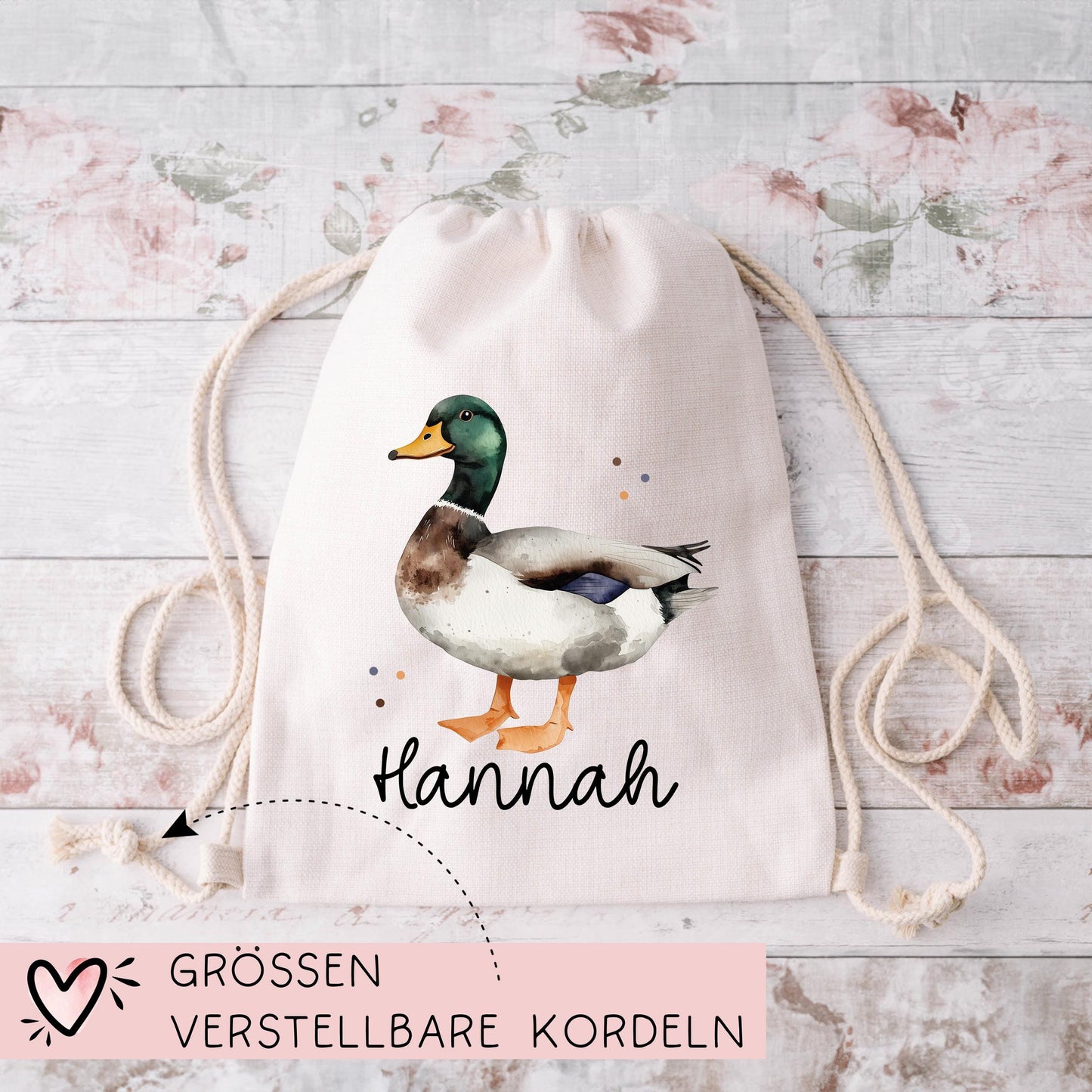 Ente Turnbeutel Personalisiert mit Namen Tasche Rucksack als Kindergarten, Sportbeutel, Schule, KITA Wäschebeutel Weihnachten Nikolaus kleinebuchstaben