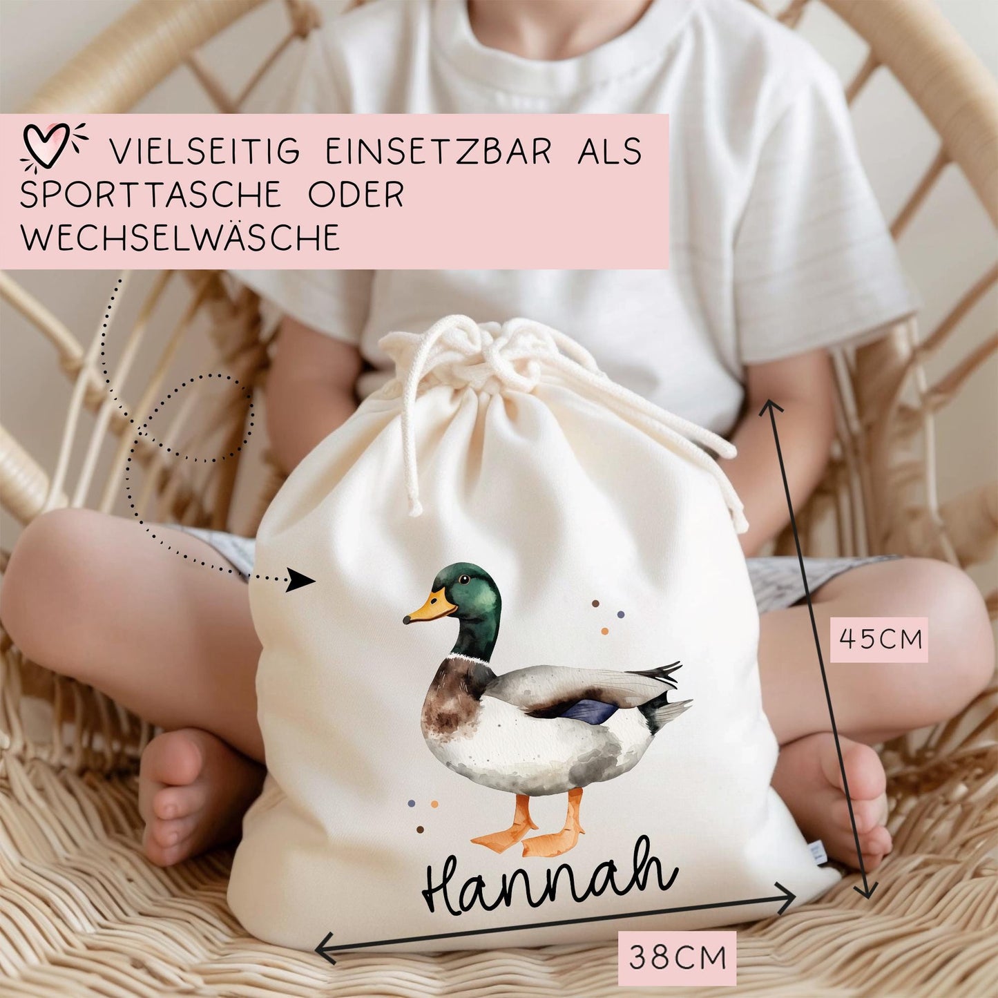 Ente Turnbeutel Personalisiert mit Namen Tasche Rucksack als Kindergarten, Sportbeutel, Schule, KITA Wäschebeutel Weihnachten Nikolaus kleinebuchstaben