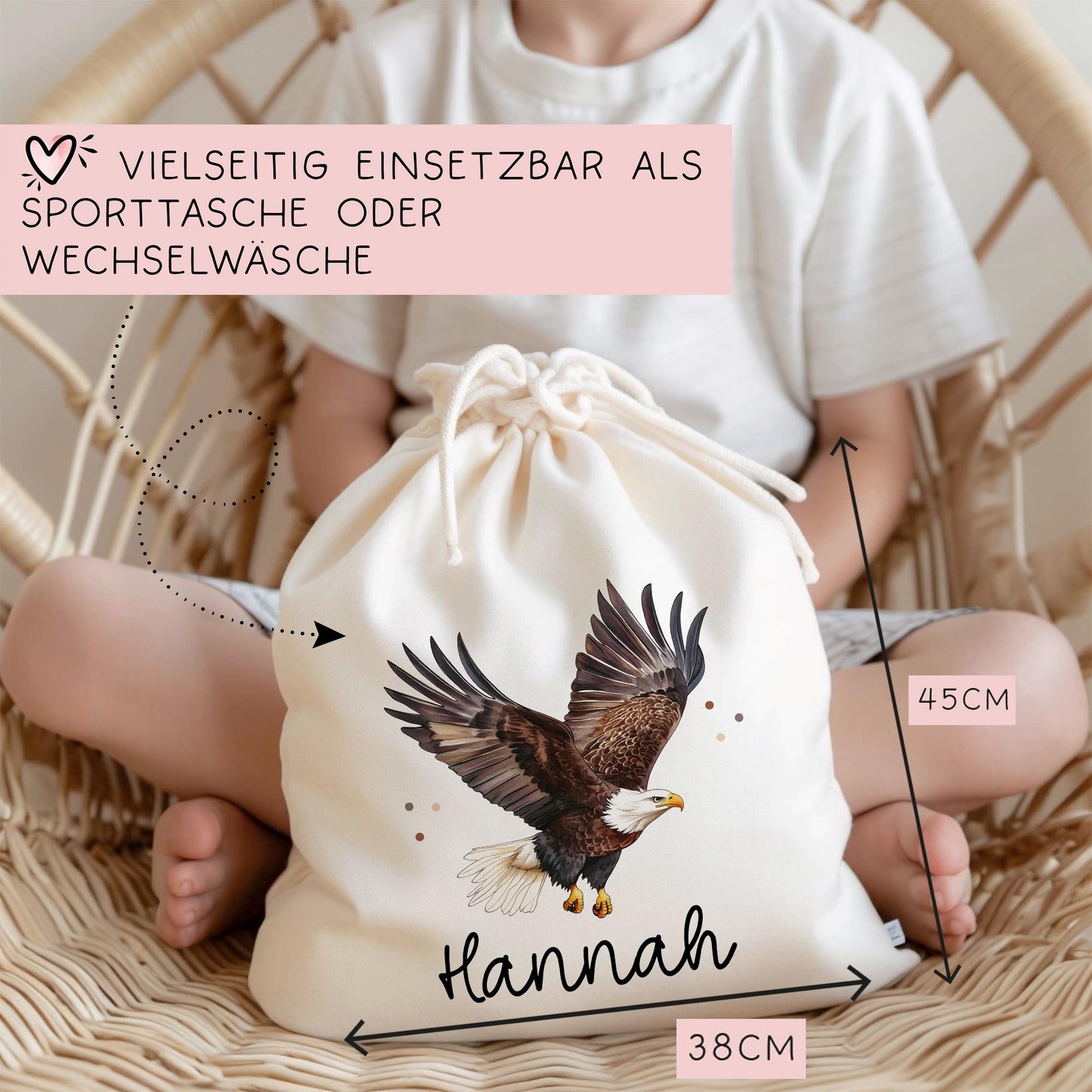 Adler Turnbeutel Personalisiert mit Namen Tasche Rucksack als Kindergarten, Sportbeutel, Schule, KITA Wäschebeutel Weihnachten Nikolaus kleinebuchstaben