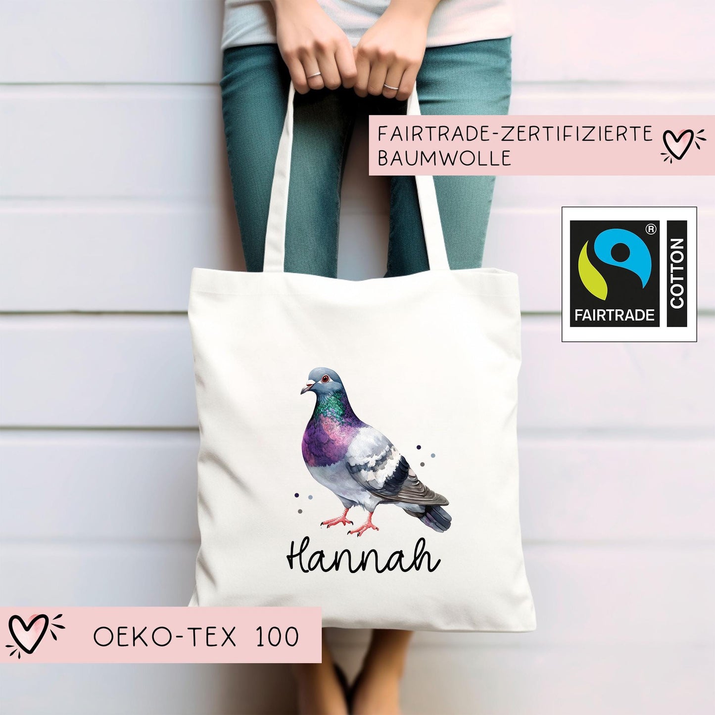 Taube Stofftasche Tasche Personalisiert & Name - Kinder Beutel Kindertasche mit Wunschname - Wechselwäsche Jutebeutel - Kindergarten Schule kleinebuchstaben
