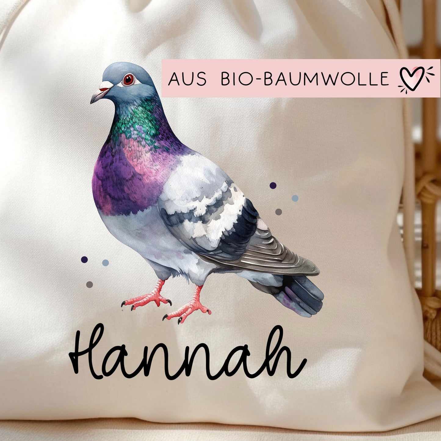 Taube Stofftasche Tasche Personalisiert & Name - Kinder Beutel Kindertasche mit Wunschname - Wechselwäsche Jutebeutel - Kindergarten Schule kleinebuchstaben