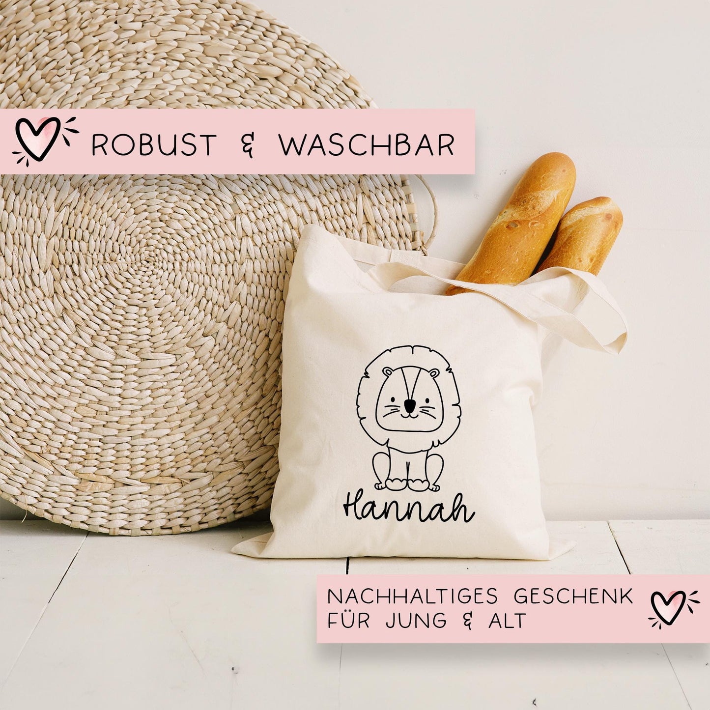 Löwe Stofftasche Tasche Personalisiert & Name - Kinder Beutel Kindertasche mit Wunschname - Wechselwäsche Jutebeutel - Kindergarten Schule kleinebuchstaben