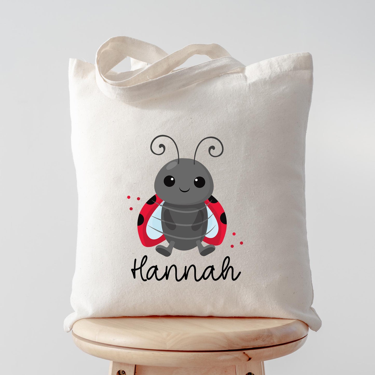 Marienkäfer Stofftasche Tasche Personalisiert & Name - Kinder Beutel Kindertasche mit Wunschname - Wechselwäsche Jutebeutel - Kindergarten kleinebuchstaben Flügel Schriftart 1