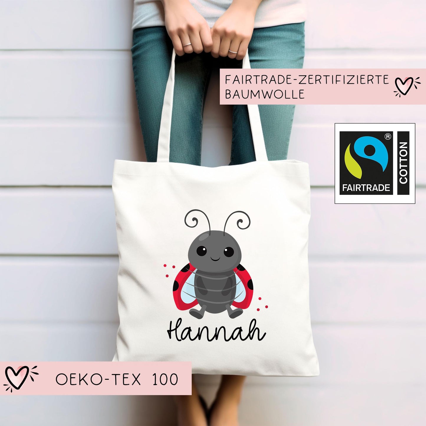 Marienkäfer Stofftasche Tasche Personalisiert & Name - Kinder Beutel Kindertasche mit Wunschname - Wechselwäsche Jutebeutel - Kindergarten kleinebuchstaben