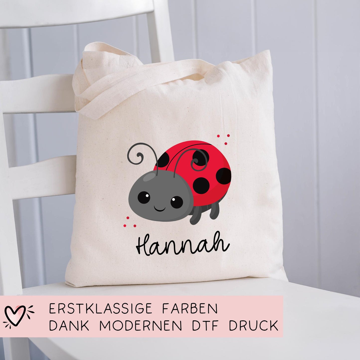 Stofftasche Marienkäfer Personalisiert Tasche & Name - Kinder Beutel Kindertasche mit Wunschname - Wechselwäsche Jutebeutel - Kindergarten kleinebuchstaben