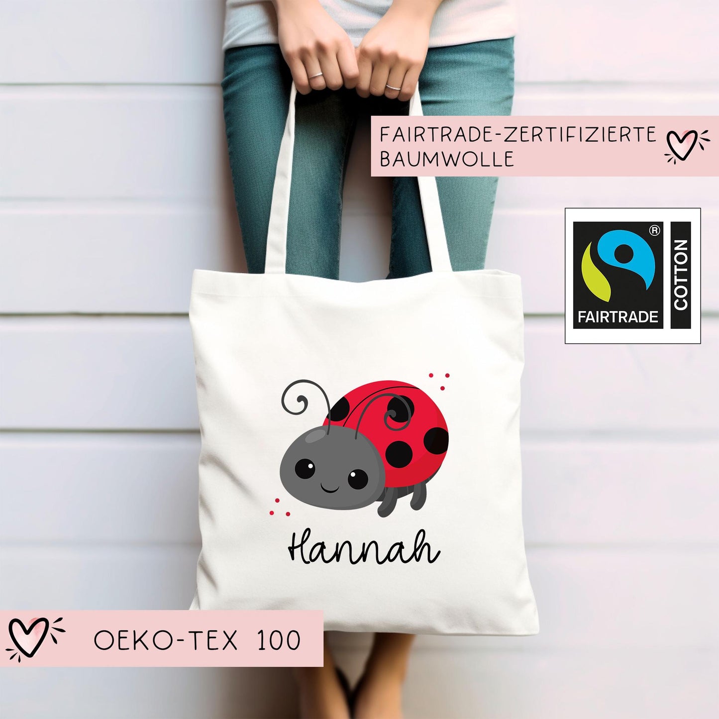 Stofftasche Marienkäfer Personalisiert Tasche & Name - Kinder Beutel Kindertasche mit Wunschname - Wechselwäsche Jutebeutel - Kindergarten kleinebuchstaben