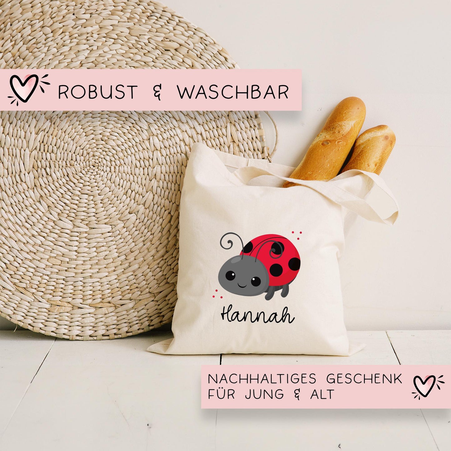 Stofftasche Marienkäfer Personalisiert Tasche & Name - Kinder Beutel Kindertasche mit Wunschname - Wechselwäsche Jutebeutel - Kindergarten kleinebuchstaben