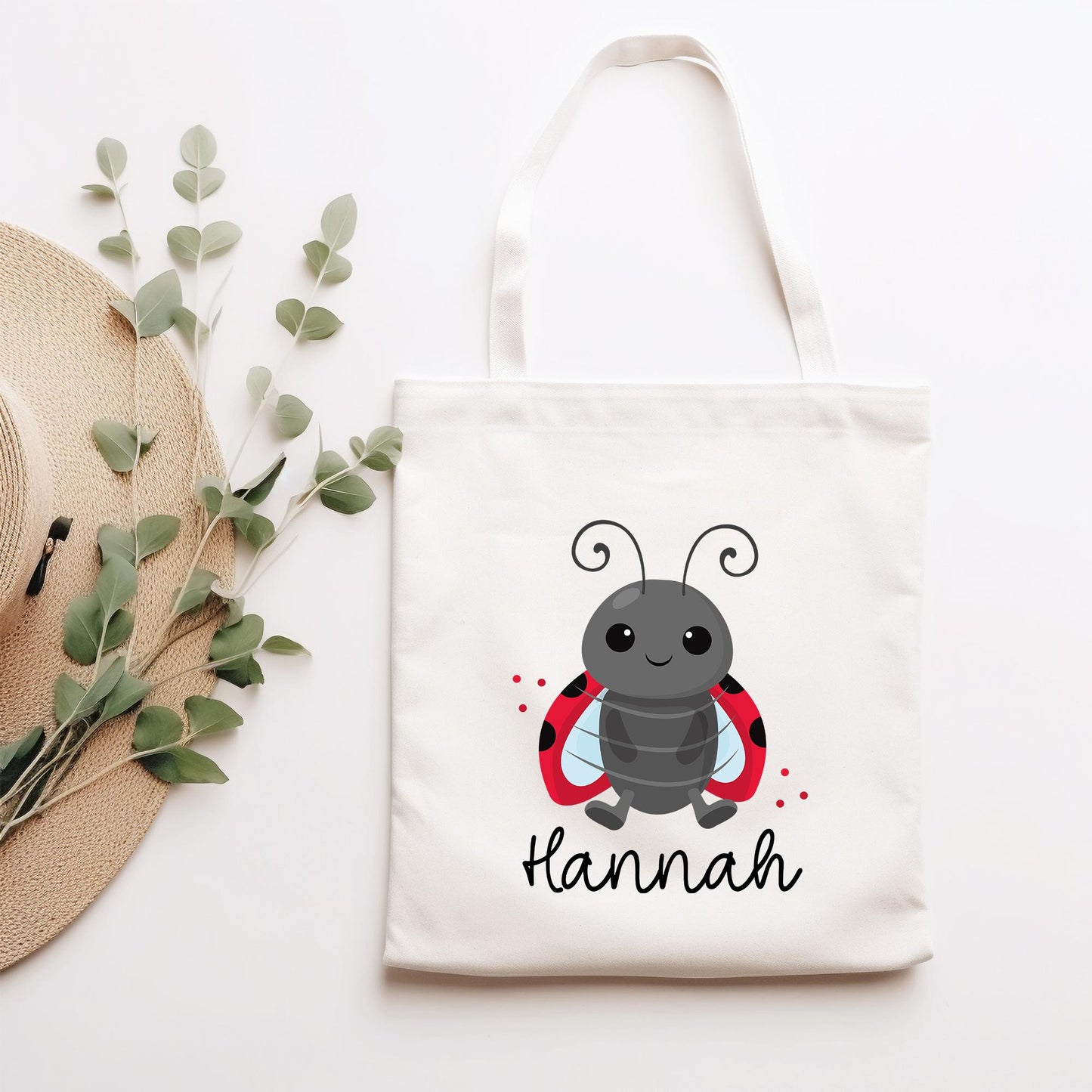 Stofftasche Marienkäfer Personalisiert Tasche & Name - Kinder Beutel Kindertasche mit Wunschname - Wechselwäsche Jutebeutel - Kindergarten kleinebuchstaben Flügel Schriftart 1