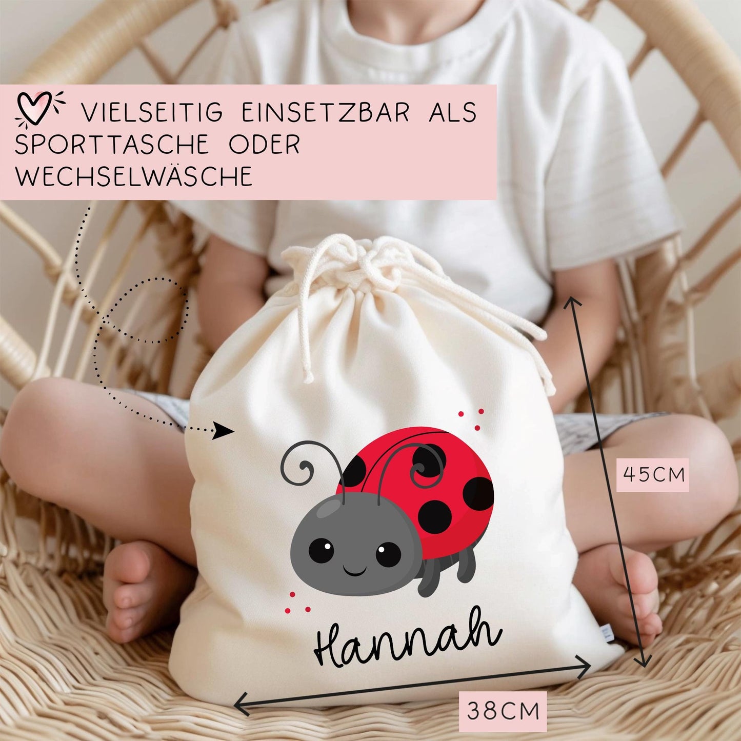 Marienkäfer Turnbeutel Personalisiert mit Namen Tasche Rucksack als Kindergarten, Sportbeutel, Schule, Wäschebeutel Weihnachten Nikolaus kleinebuchstaben